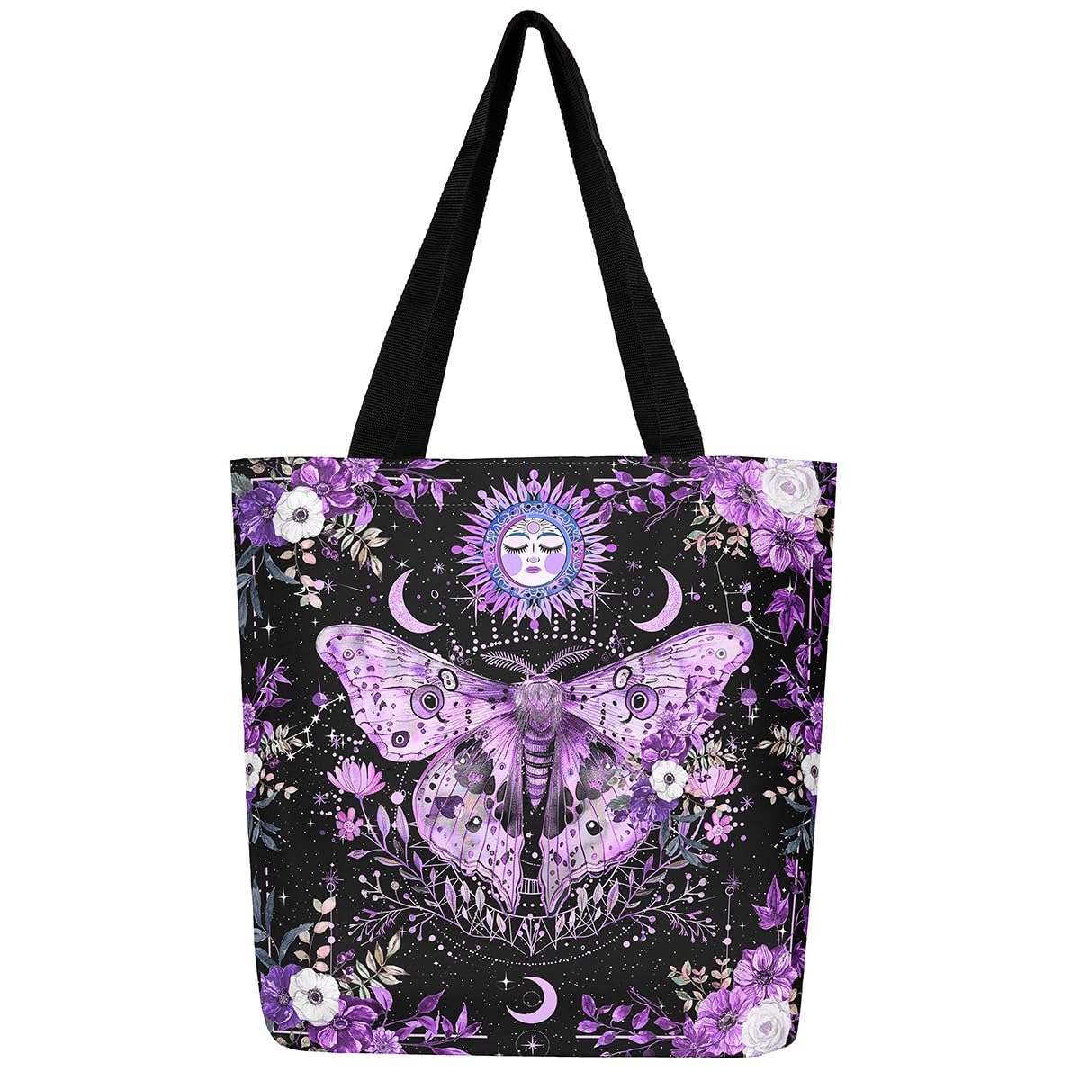 Loussiesd Purple Death Moth Canvas Tote Bags 50x40cm for Women Gifts Boho Moth Reusable Grocery Bag for Shopping Gym Sun Moon Butterfly Travel Beach Bag Bedroom Decor Boho Floral
