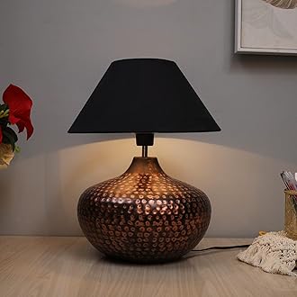 Antique Hammered Table Lamp Oil-Rubbed Bronze Metal Linen Drum Shade for Living Room Family Bedroom, (Gourd, Black)