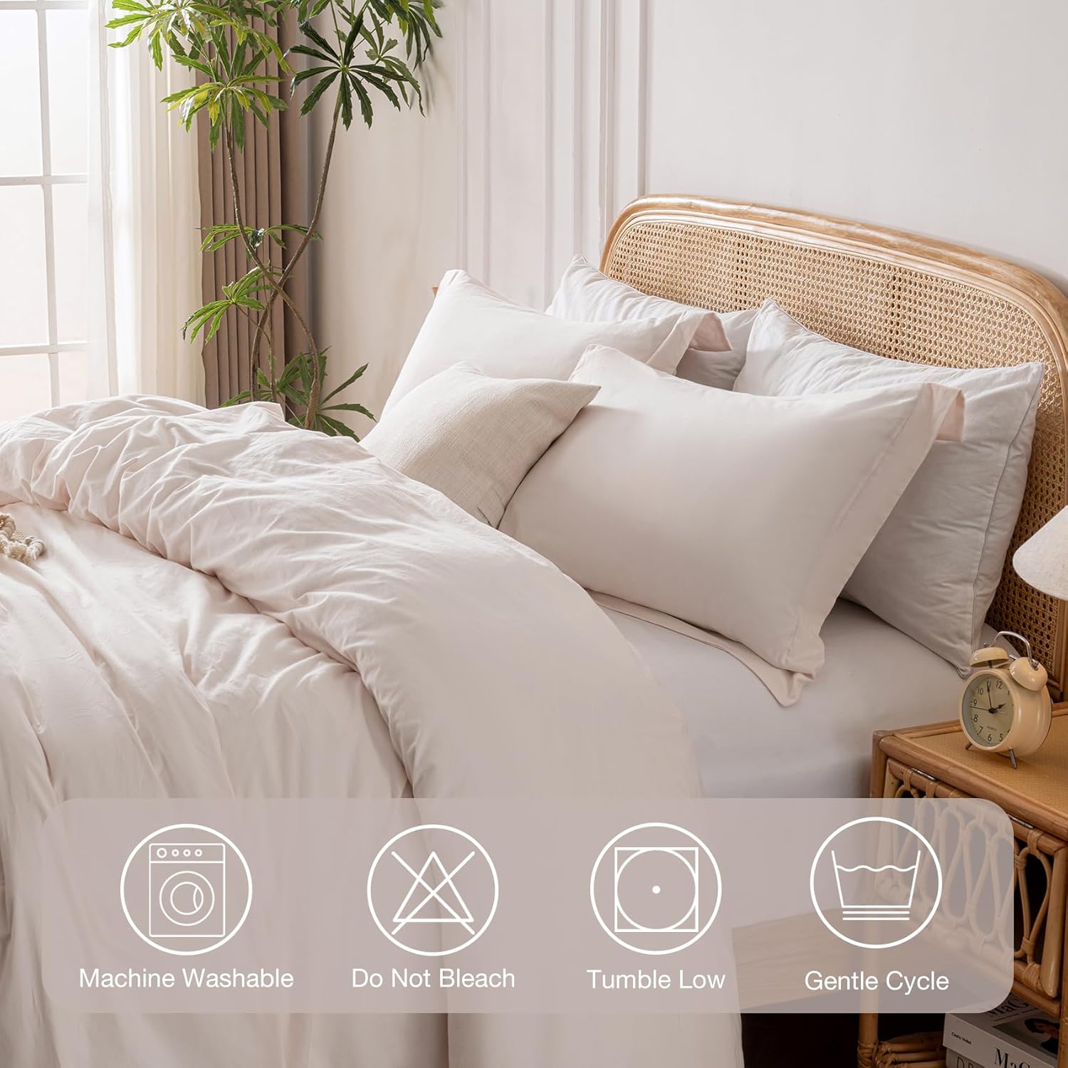 Yibeizi Bridal Blush100% Washed Cotton Duvet Cover Set Queen Size, 3 Pieces, 1 Duvet Cover 90x90 Inches and 2 Pillow Shams, Soft Breathable Comforter Covers Zipper Closure