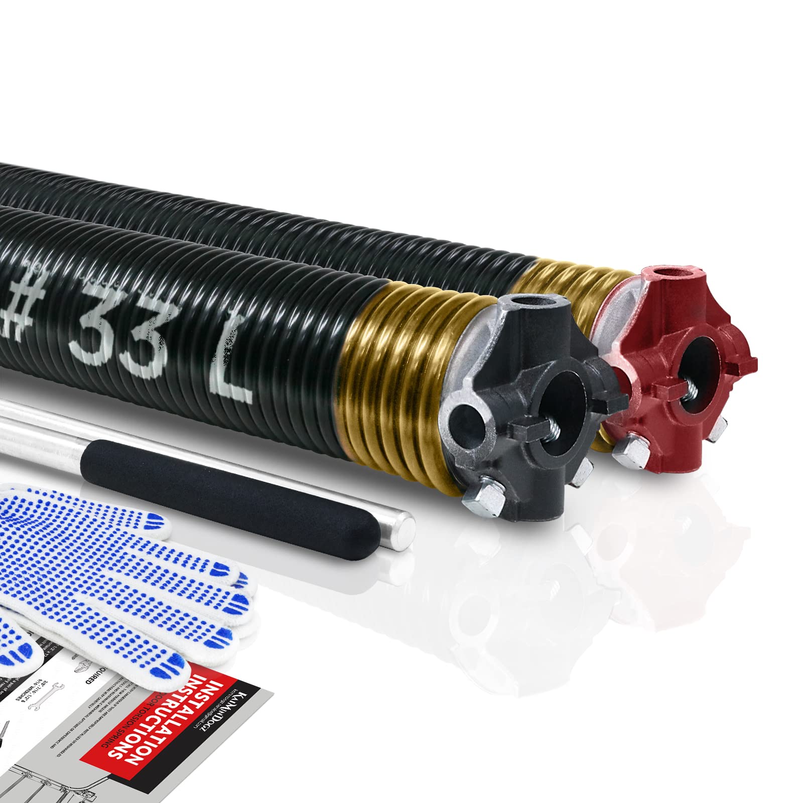 Pair of 2" Garage Door Torsion Springs Set with Non-Slip Winding Bars & Gloves, High Quality Precision Electrophoresis Black Coated, for Replacement & Installation, MIN 16,000 Cycles (0.250x2''x33'')