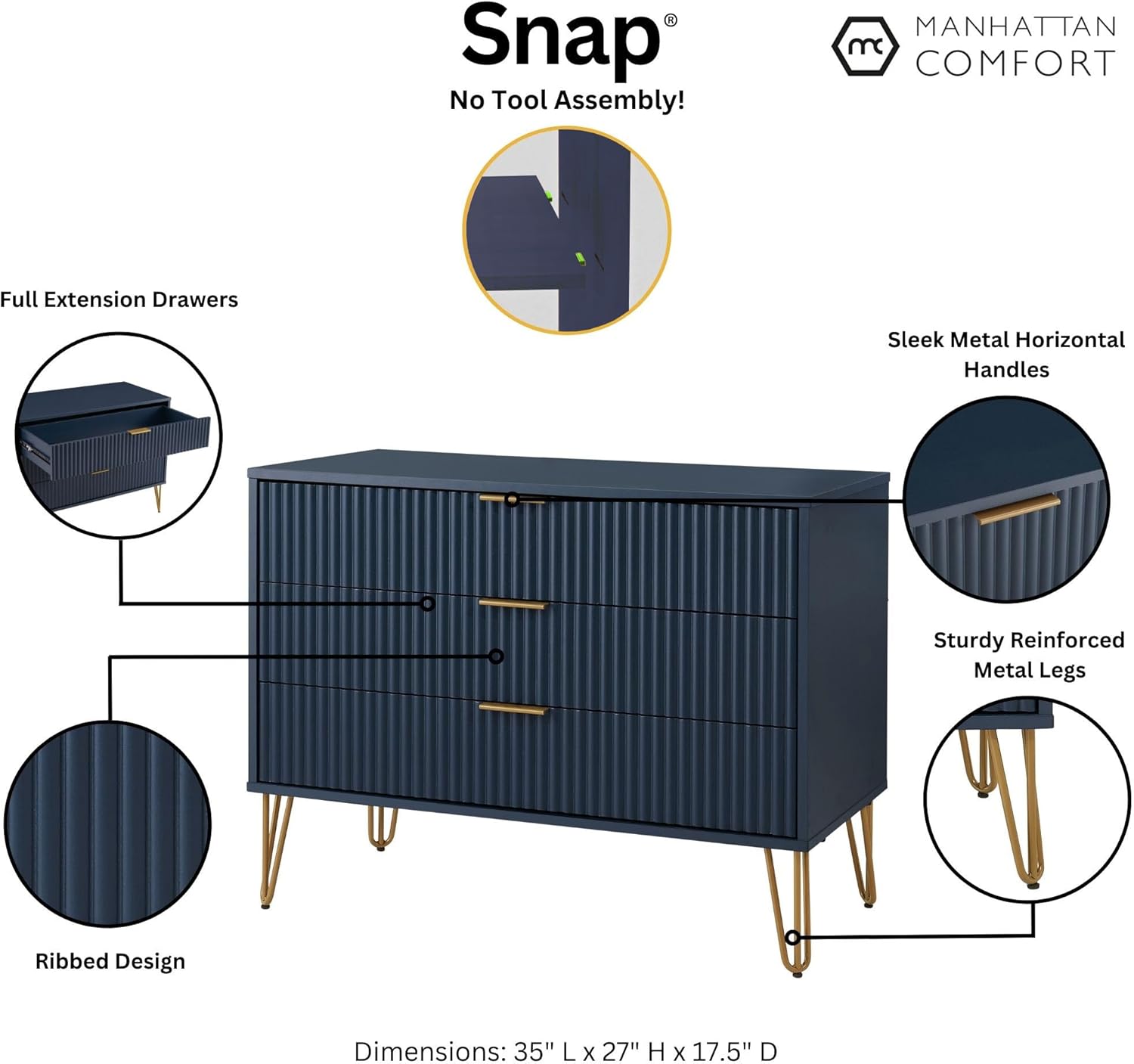 Manhattan Comfort Dumbo Modern 3 Drawer Dresser with Fluted Ribbed Front, No Tool Assembly, Hairpin Splayed Gold Metal Legs, Storage Chest, Entryway Cabinet for Bedroom, Living Room in Midnight Blue