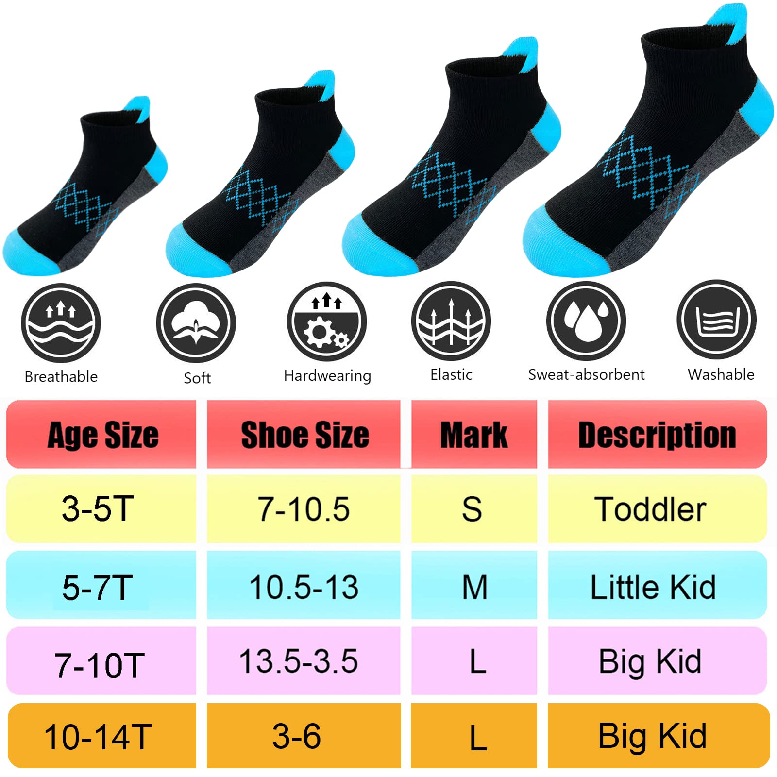 Calcetines para niño, 24 pares de calcetines de corte bajo medio acolchados para niños pequeños y grandes de 3 a 14 años