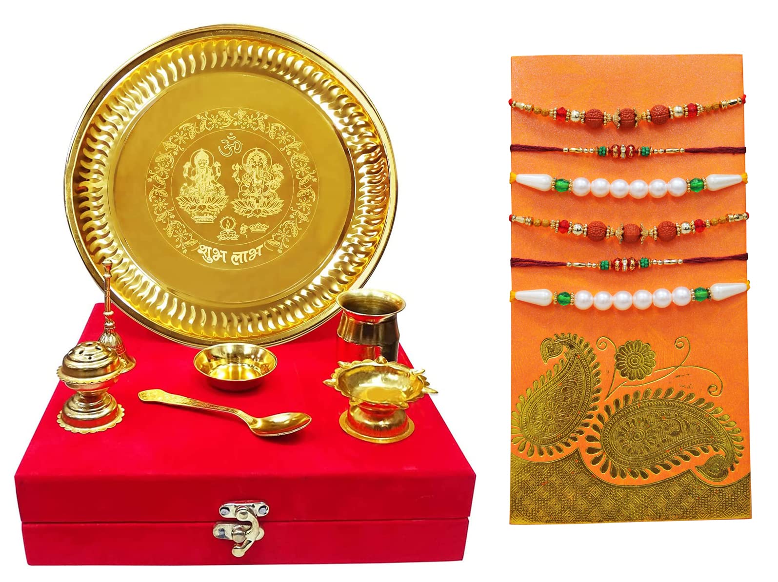 PeegliPeegli® Indian Ethnic Pooja Thali Set of 7 Pcs with Red Velvet Box Handcrafted Puja Arti Set with Rakhi