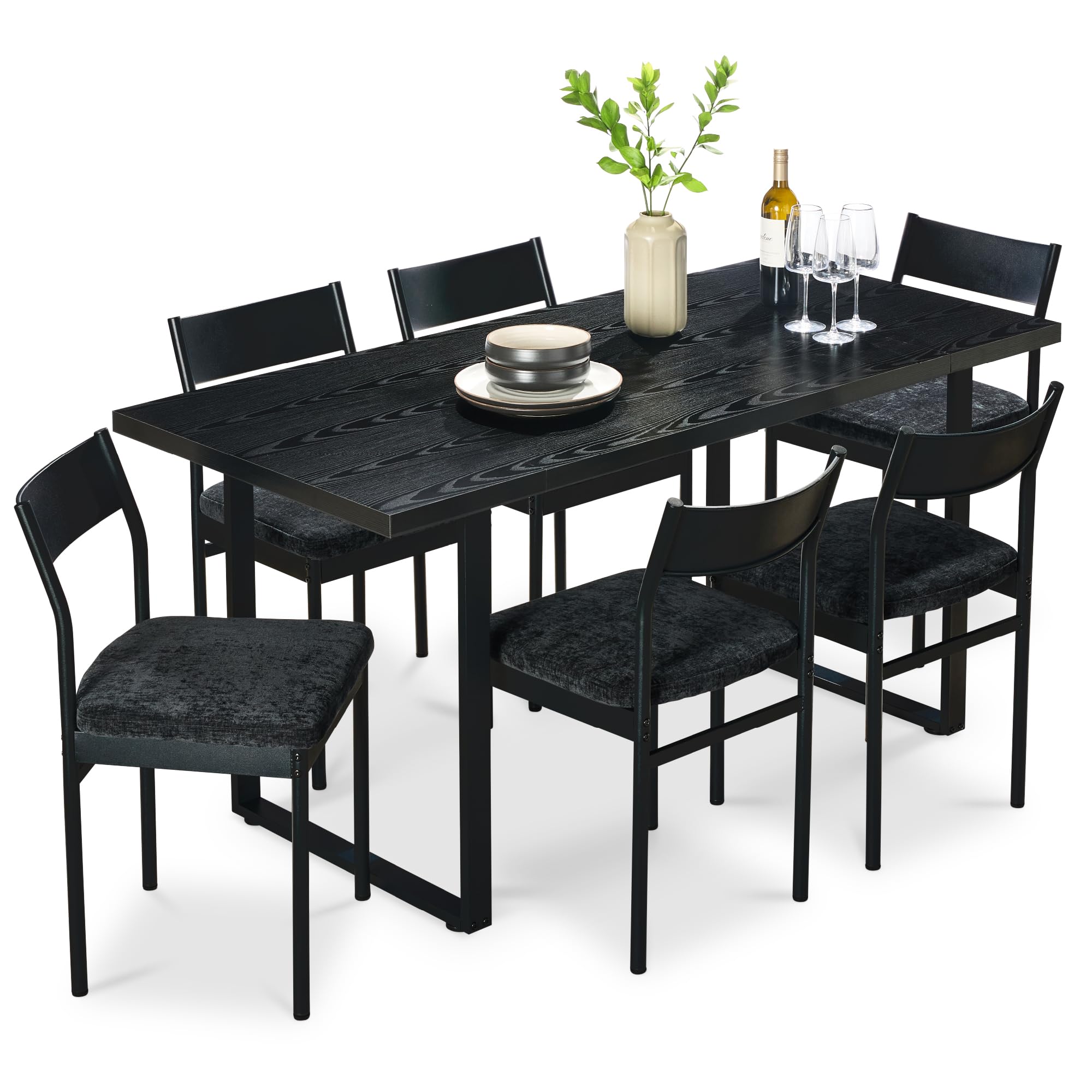 Best Choice Products 7-Piece Modern Dining Room Set, Kitchen Table Set, Dining Table w/ 6 Chairs, Upholstered Cushions, Solid Metal Frame, Curved Backrest - Black/Black