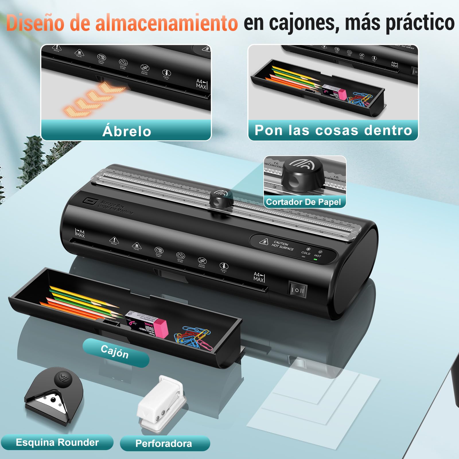 Plastificadora A4 Laminadora con 50 Bolsas Plastificación Frío Caliente Almacenamiento Recortadora Perforadora