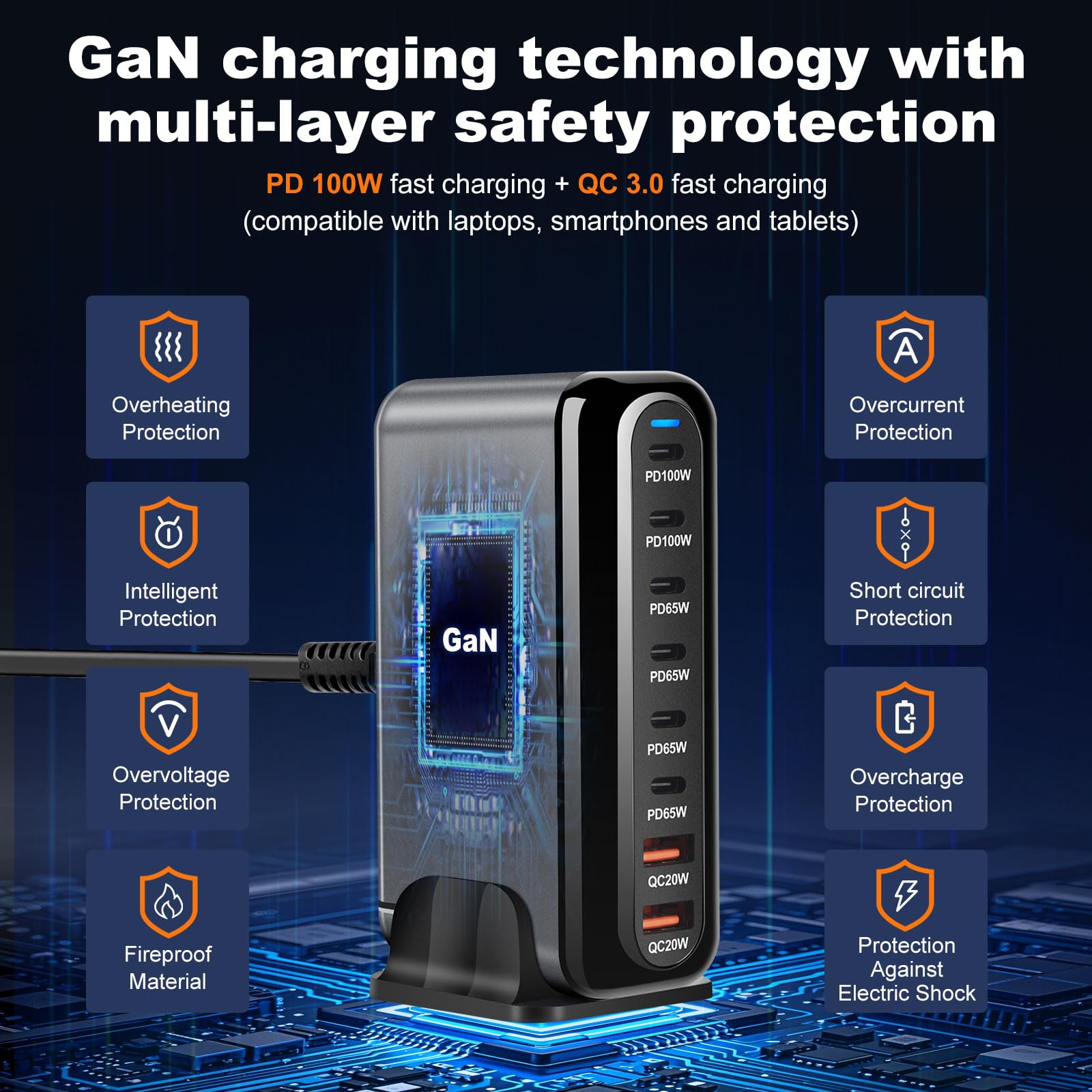 500 W, 8 Port USB, Quick Charge USB Charger for Macbook Pro/Air,Ipad Pro/Air,Sumsung, Black