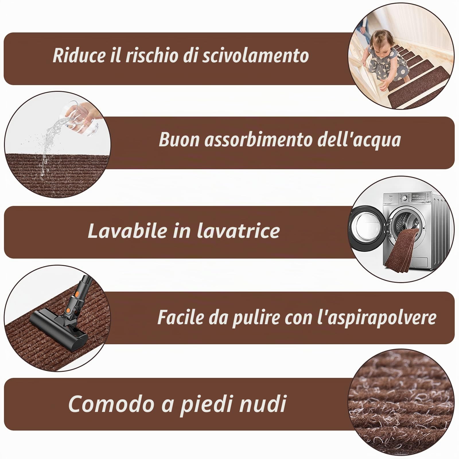 MBIGM 15 Tappetini per Scale (20 x 76 cm) Tappetino Antiscivolo di Sicurezza Runner Interno Antiscivolo per Bambini, Anziani e Animali Domestici con Adesivo Riutilizzabile, Marrone