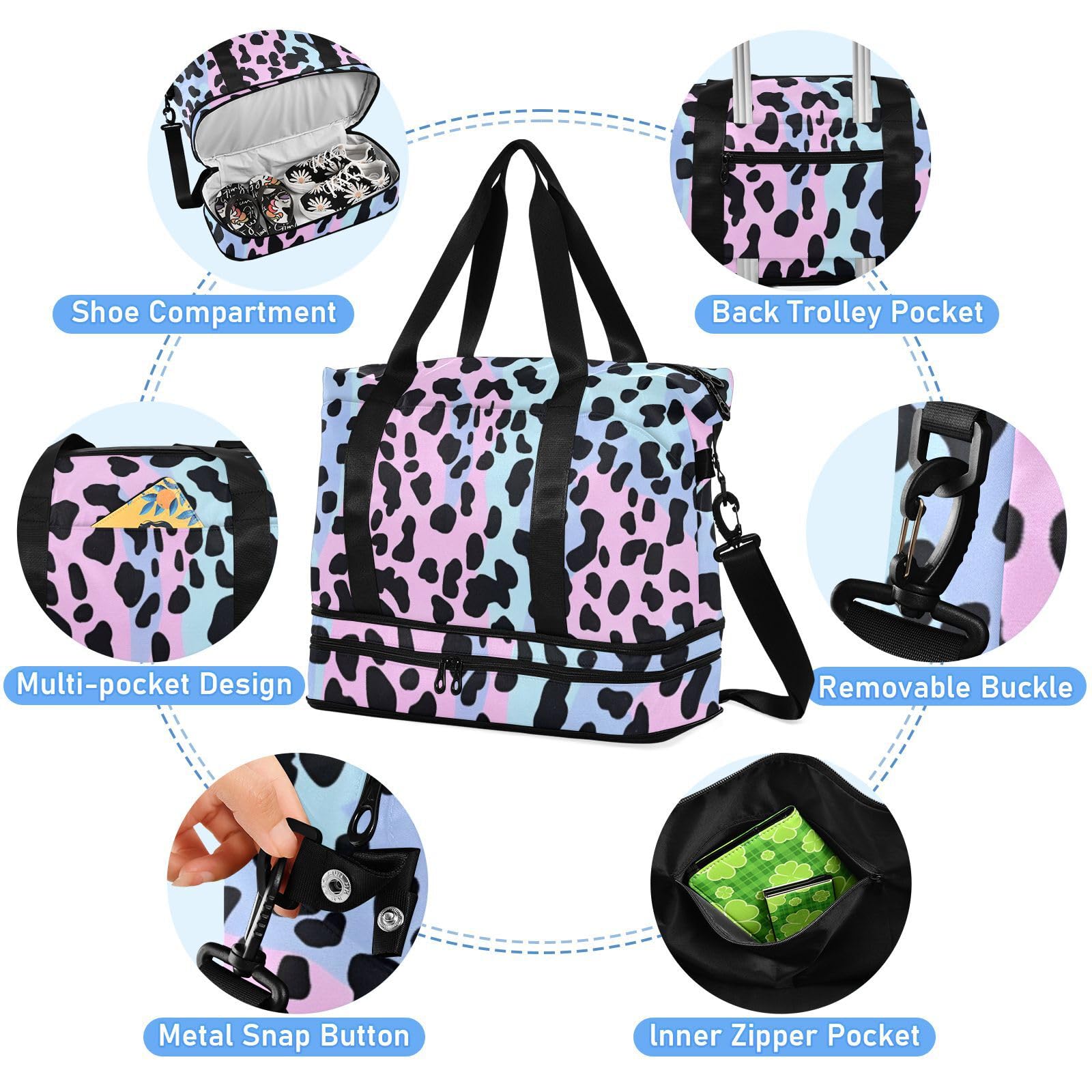 Bolsa de mano moderna con estampado de leopardo para fin de semana con bolsillo húmedo y correa ajustable para gimnasio, gran capacidad para hombres y mujeres