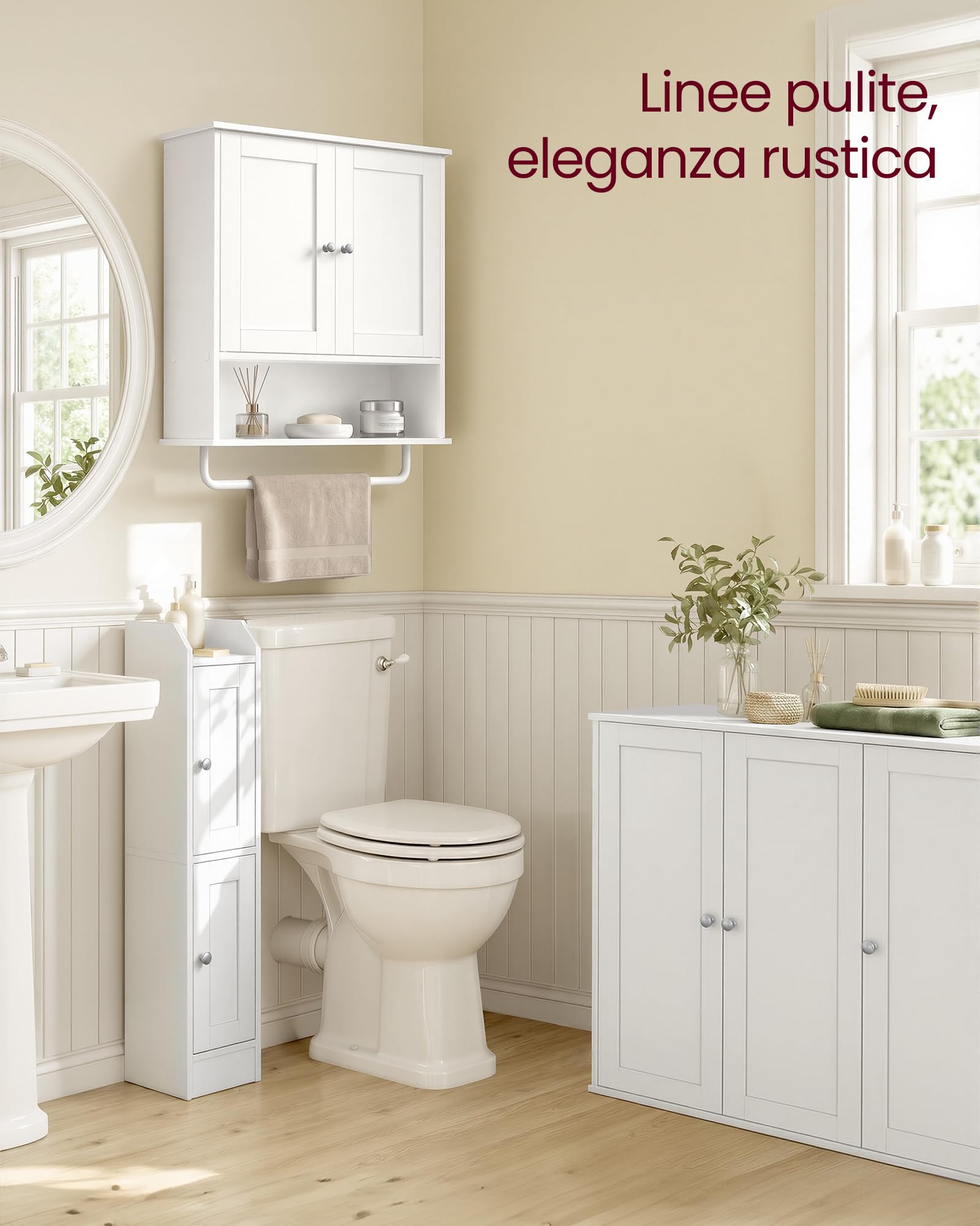 VASAGLE SIREN Collezione - Mobile da Bagno Sospeso con Barra Porta Asciugamani, Armadietto da Parete con Ripiano Aperto, Ripiano Regolabile e Ante, Stile Rustico, Bianco Nuvola BBK149WB01
