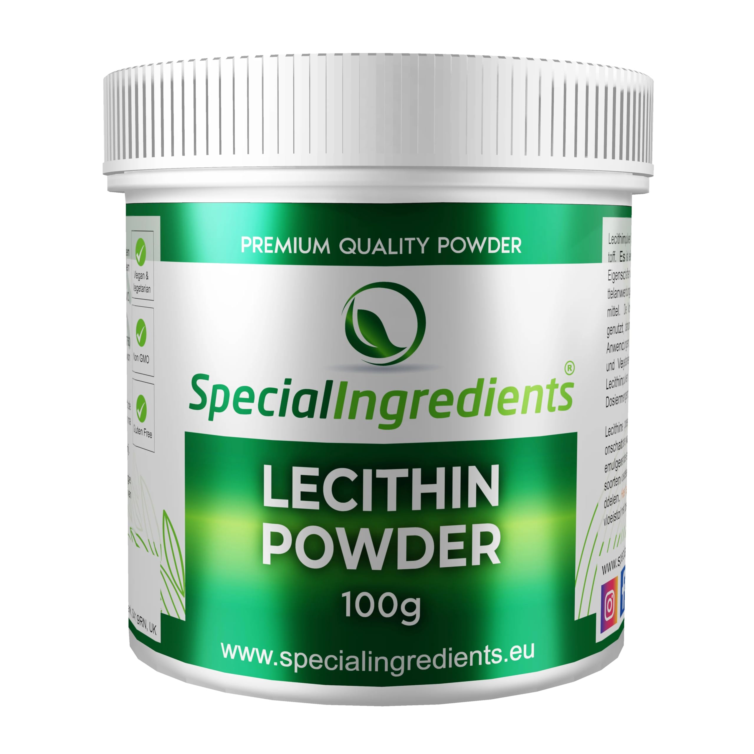 Special Ingredients Lécithine de Soja 100 gr Poudre: Émulsifiant, Stabilisant, Conservateur, Qualité Supérieure, Soy Lecithin - 100 gramme