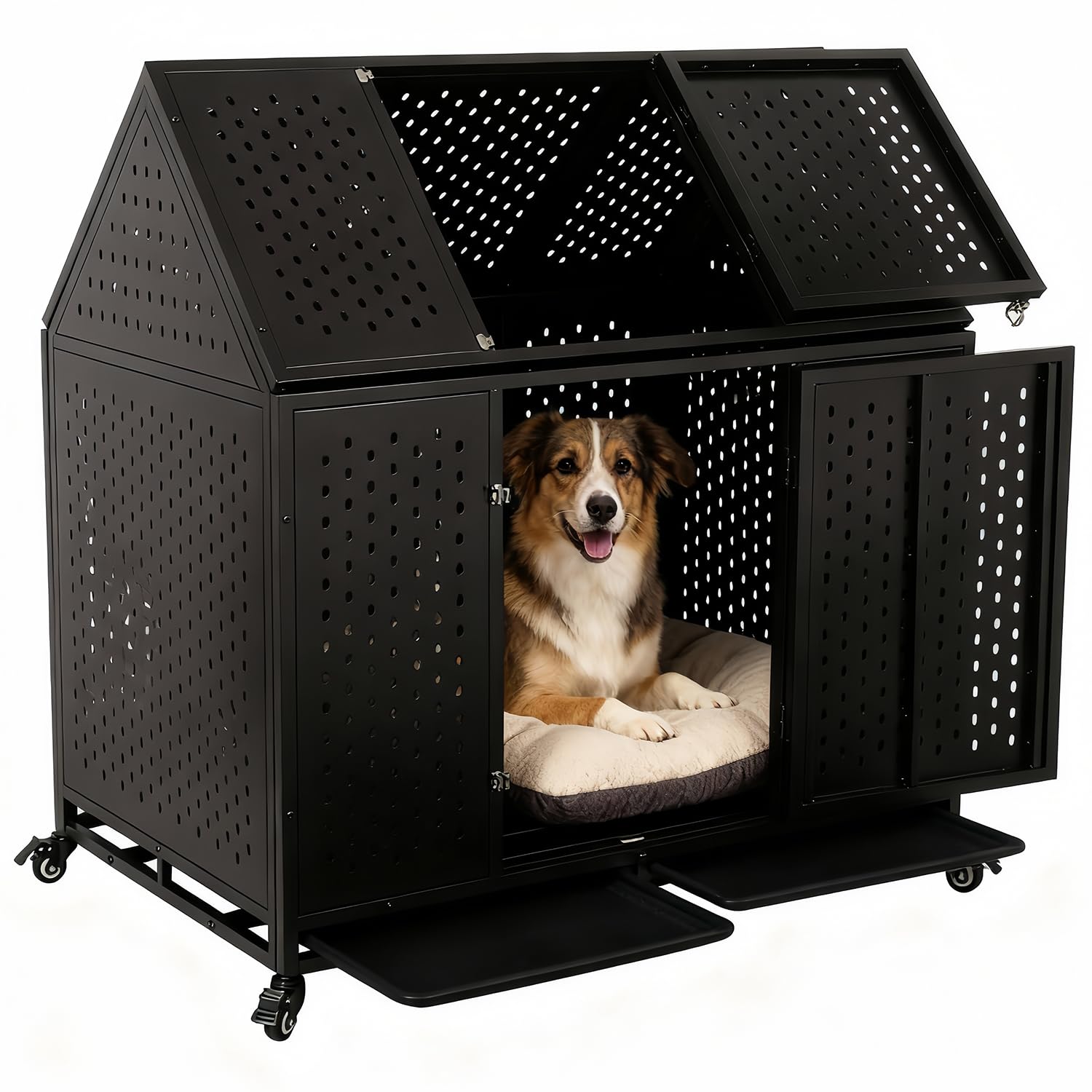44 Inch Heavy Duty Indestructible Dog Crate Steel Escape Proof Chew Proof Cage, Indoor Double Door Kennel for High Anxiety Large Medium Dogs with Wheels, Removable Tray