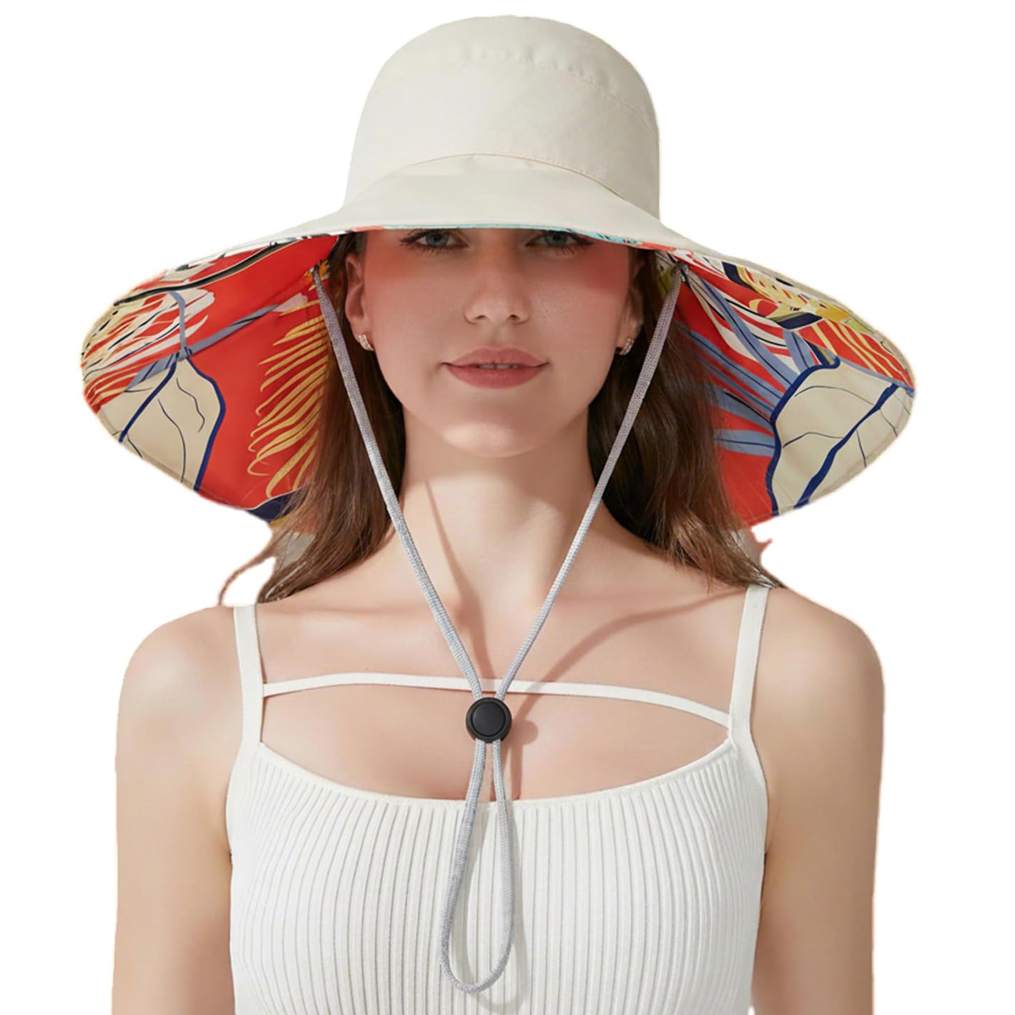 Women Bohemian Reversible Floral Cotton Sun Hat Wide Brim Outdoor Bucket Hats UV Protection One Size M3017-beige