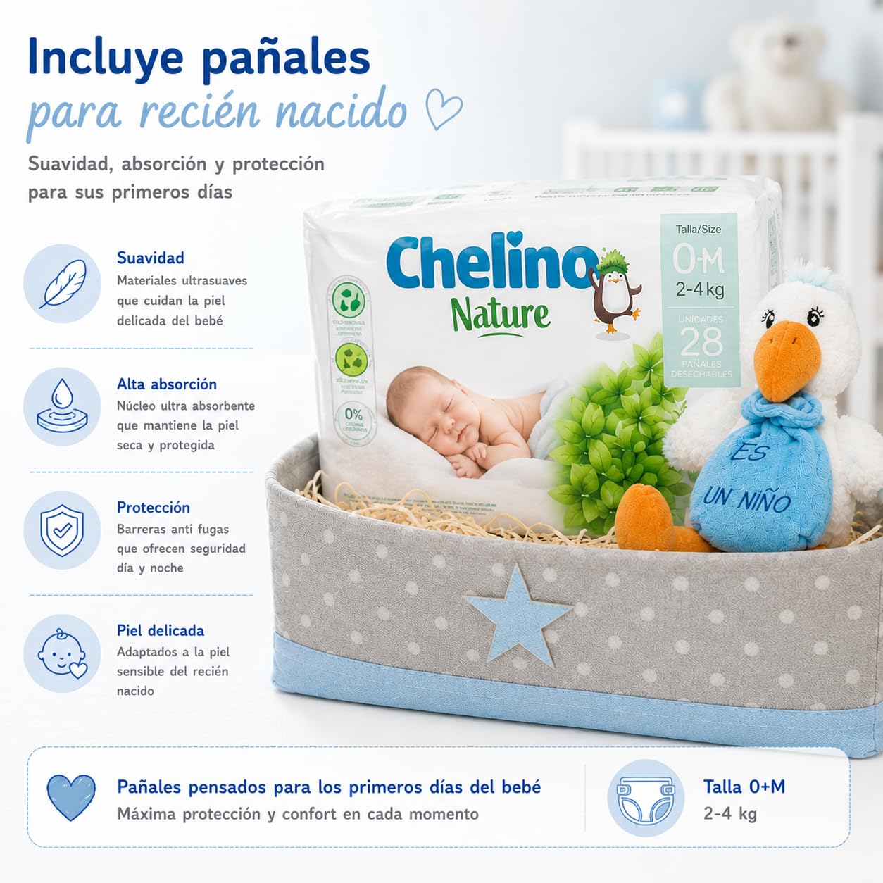 Canastilla Bebé Supreme | Cesta Regalo Recién Nacido | Incluye Caja Multiusos, Peluche Cigüeña, Gel, Champú, Colonia, Crema, Hidratante, Esponja, Cepillo y Peine, Toallitas y Pañales (Azul)