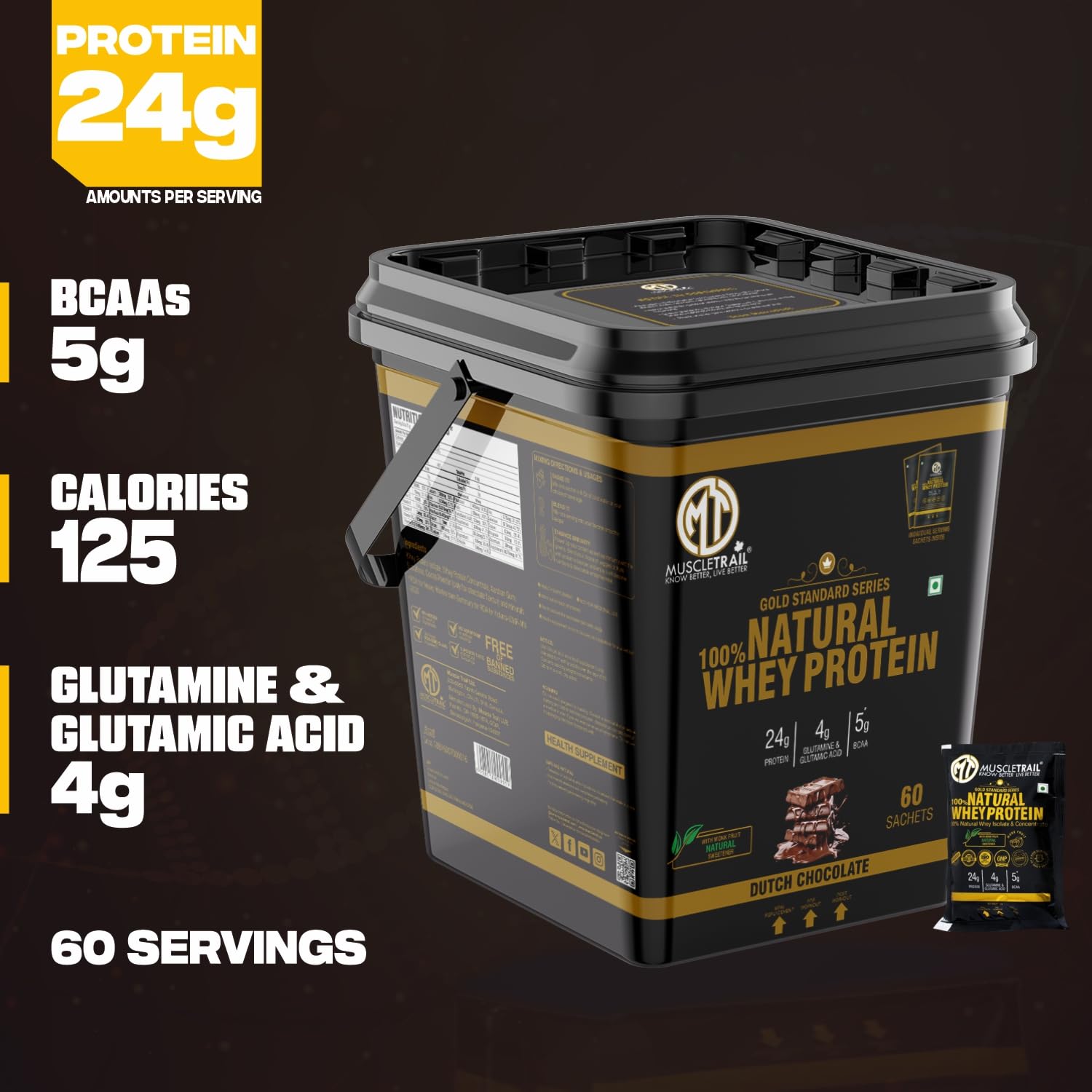 MuscleTrail Gold St&ard Series,60 Pouches,Low Carb & Fat,24 grams Natural Whey Protein Powder,Shaker Inside (1.86Kg,Kulfi Pista) — Amazon image 2