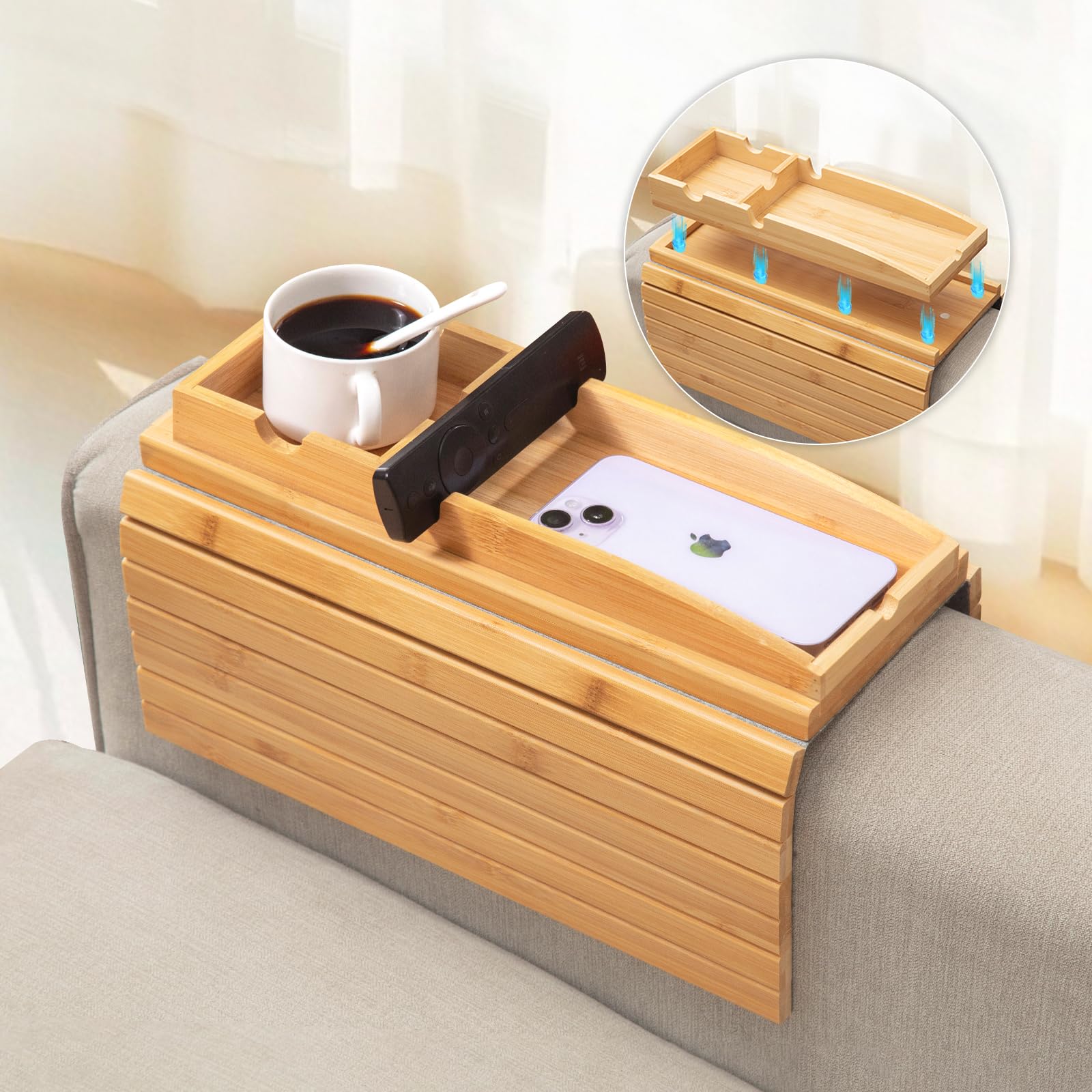 Bamboo Couch Arm Tray Table | 2-in-1 Detachable Sofa Tray with Slidable Cup Holder | Compact and Foldable Design with an Anti-Slip Surface for Drinks, Snacks, and Remote