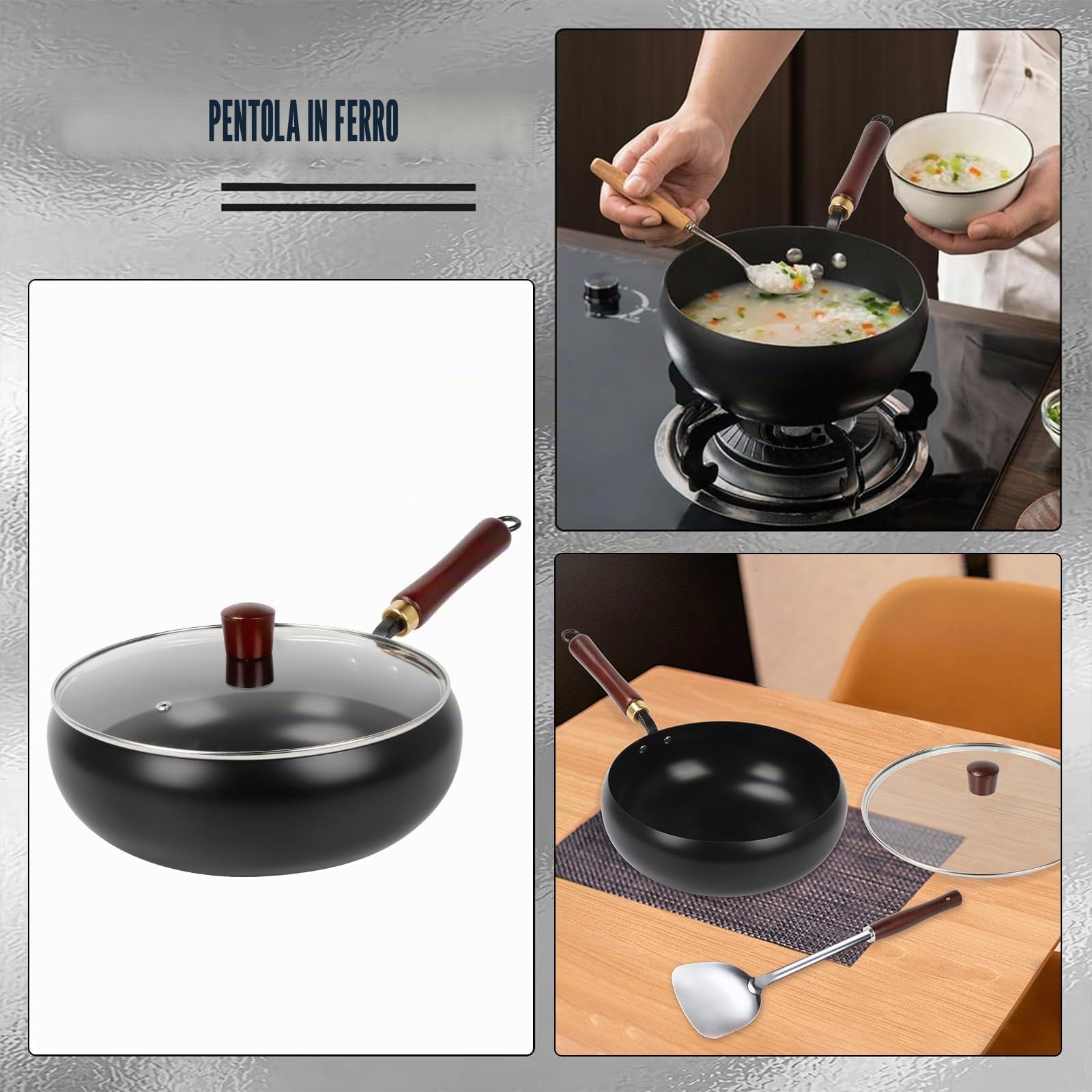 mumisuto Wok Cinese Con Manico In Legno Da 28 Cm, Pentola Grande Pancia Forgiata a Mano non Rivestita, Nuovo Wok Pancia Grande, Pentola in Ferro, Senza Rivestimento Chimico, Antiaderente