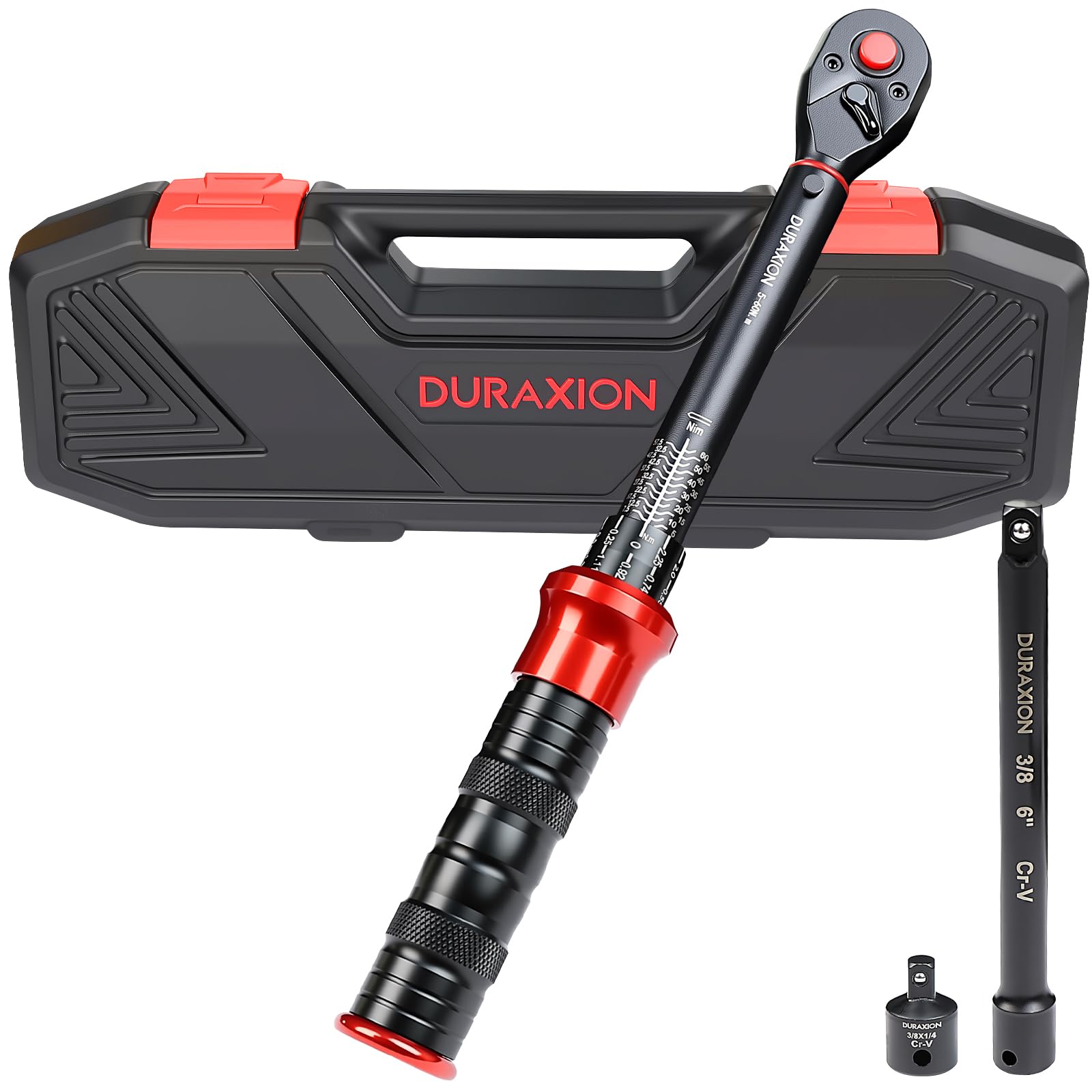 DURAXION 3/8インチ トルクレンチ バイク セット3点組レッド プレセット型 差込角9.5 mm 5-60N.m オートバイトルクレンチ 車 エンジン 自転車 バイク修理工具 機械の整備 高精度 正方向±3％ 逆方向±5％ 見やすいダブル目盛り 左右回転 72ギア 5°送り角 快速着脱 見やすいボタン CRV材質ソケット 手動 機械式 軽量 校正証明書 日本語取扱説明書 収納ケース付き