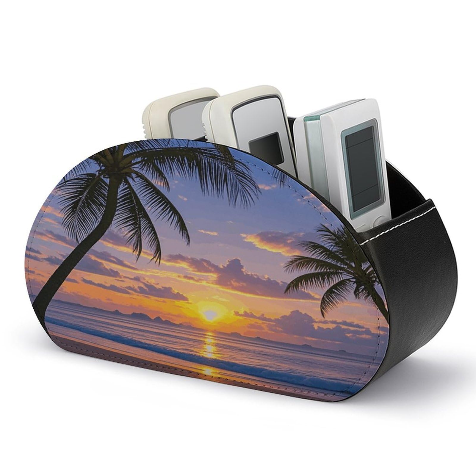 VstaDank Palm Tree Sunset Remote Control Holder with 5 Compartments PU Leather TV Remoter Caddy Desktop Organizer TV Remote Holder Remote Box for Media Controllers Office Supplies