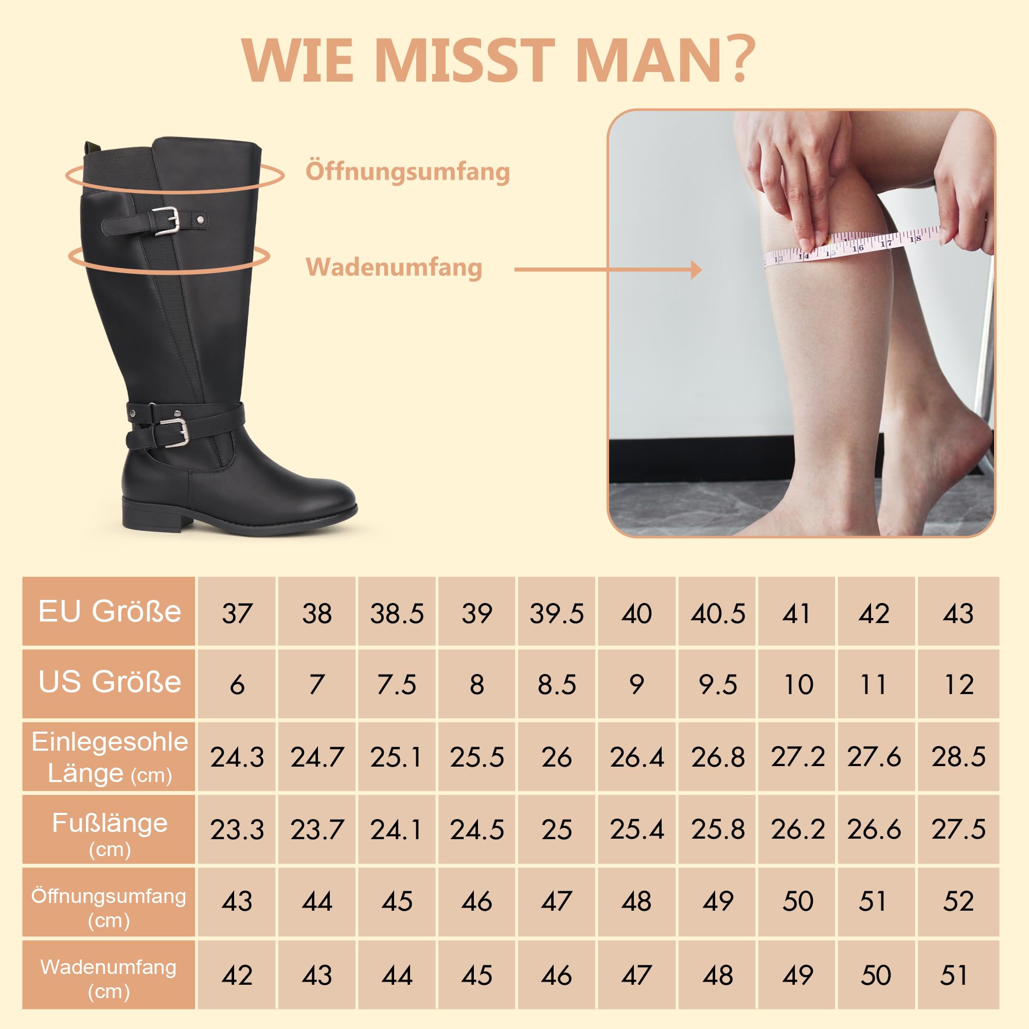 Stivali da equitazione da donna con gambo extra largo, tacco basso, cinturino alla caviglia, design sottile, stivali alti al ginocchio