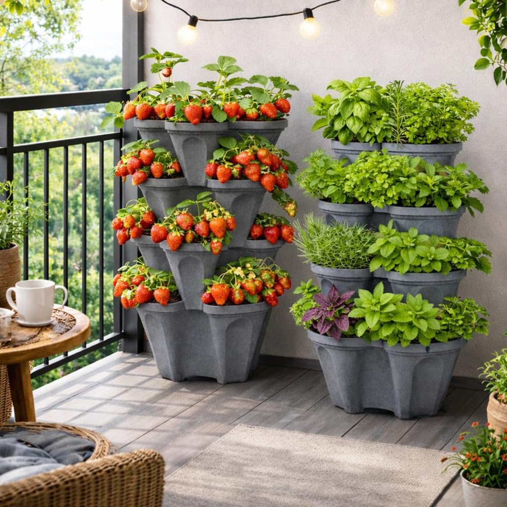 Vertical Garden Planter 4 Tier Stackable System 16 Plants, Space Saving Herb, Strawberry & Food Crop Planter with Center Support Hole for Indoor Outdoor Gardening (4, Slate Gray, Large) image 3