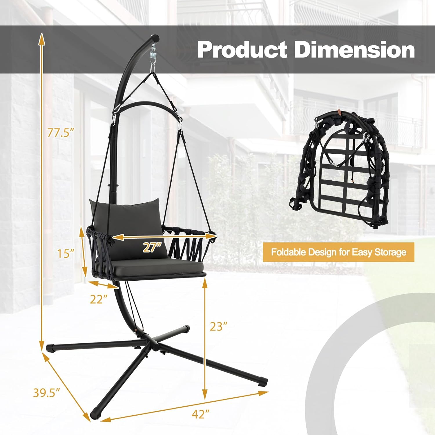 Tangkula Folding Swing Chair with Stand, Hanging Egg Chair with Cushion, Pillow, Wicker Basket Seat, Indoor Outdoor Hammock Chair with Steel Rustproof Frame for Patio Backyard Porch Garden (Gray)