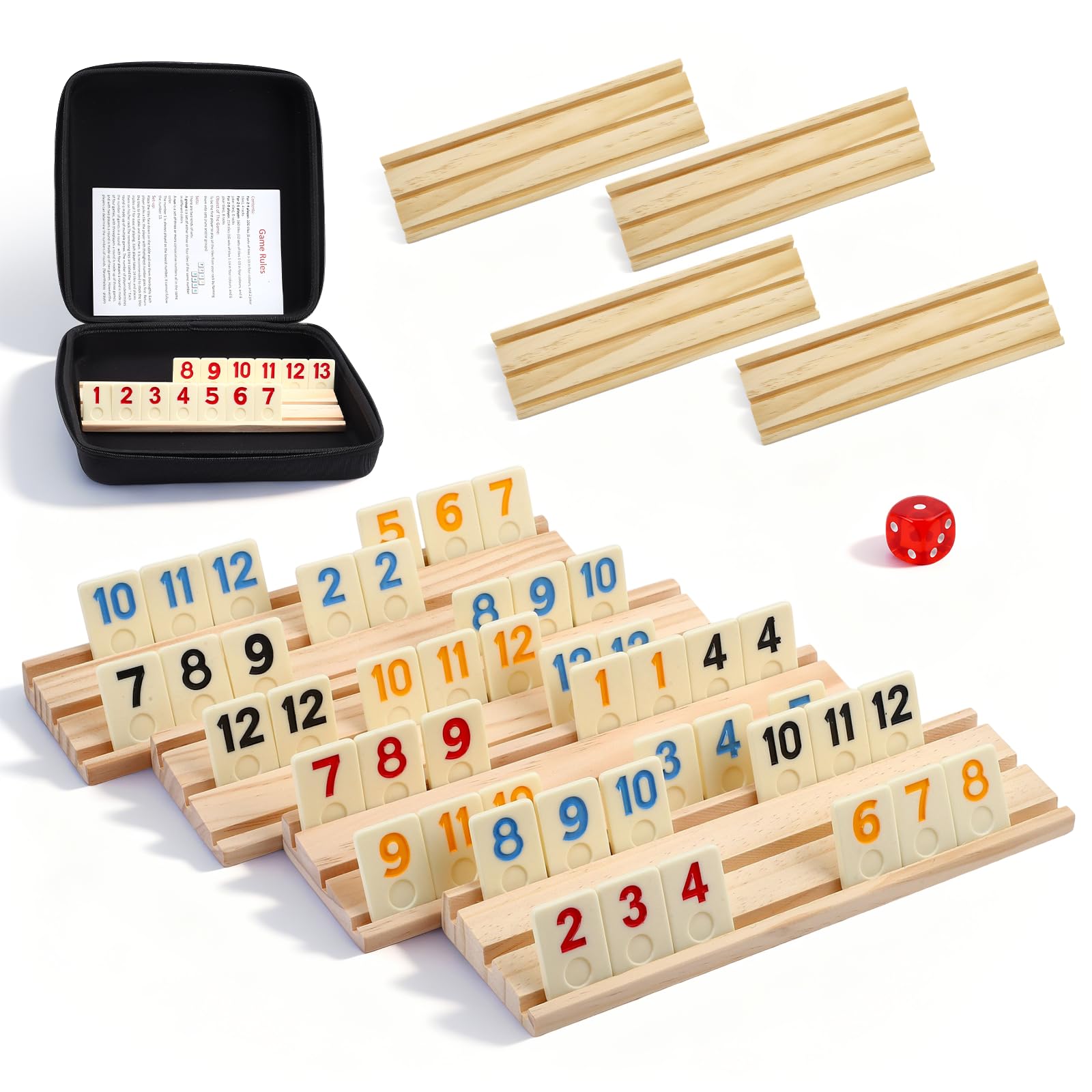 GJCrafts Rummy Cup Gioco da tavolo per 2-8 giocatori - 214 piastrelle in melamina, 8 supporti in legno, custodia premium e sacchetto, gioco da viaggio per adulti per casa, feste, viaggi o divertimento