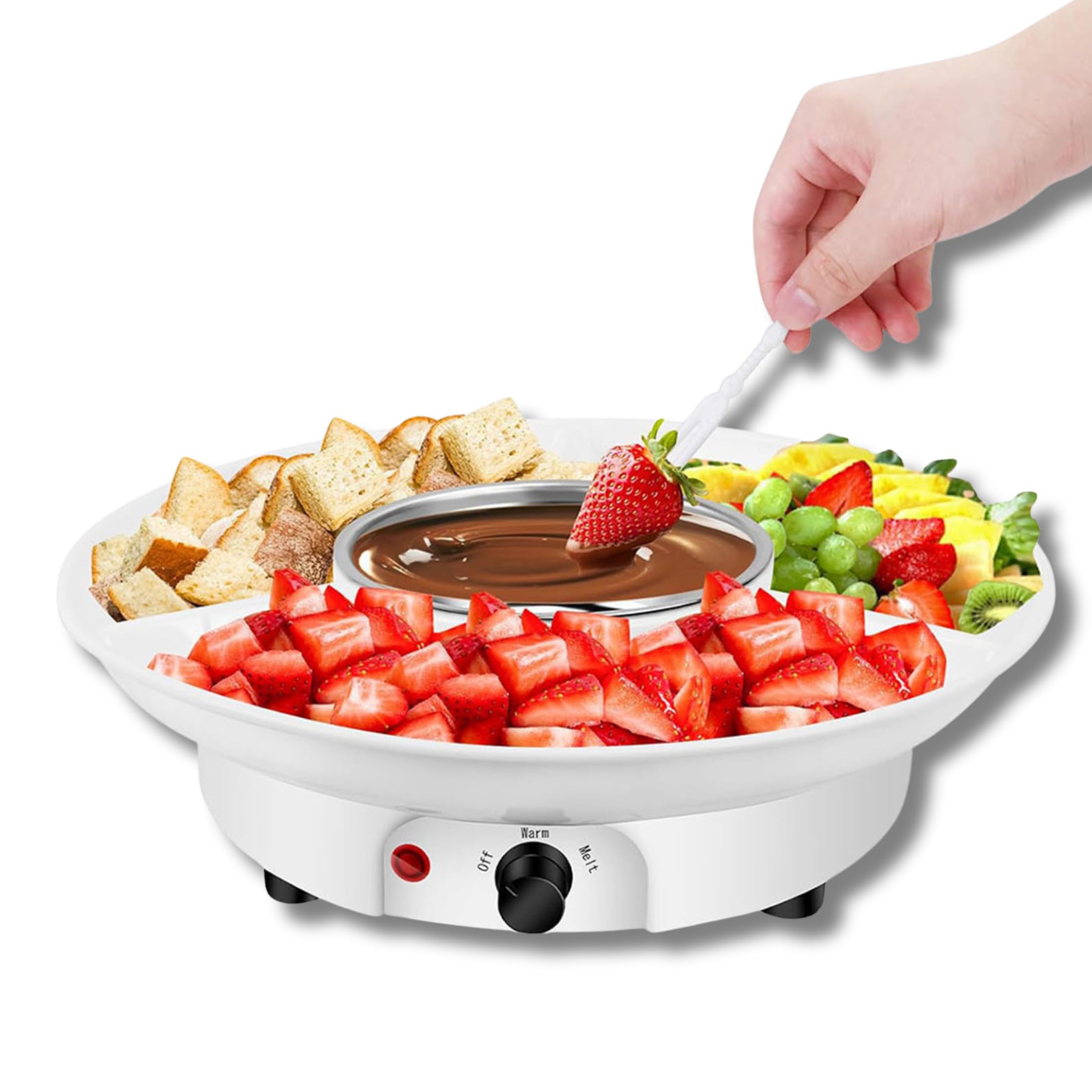 Sxhlseller Juego de Ollas para Fondue Eléctrica, Kit de Fondue de Chocolate, con Bandeja para Servir Desmontable de 3 Secciones, 10 Brochetas, Crisol de Mesa, para Fiestas (Enchufe de la UE)