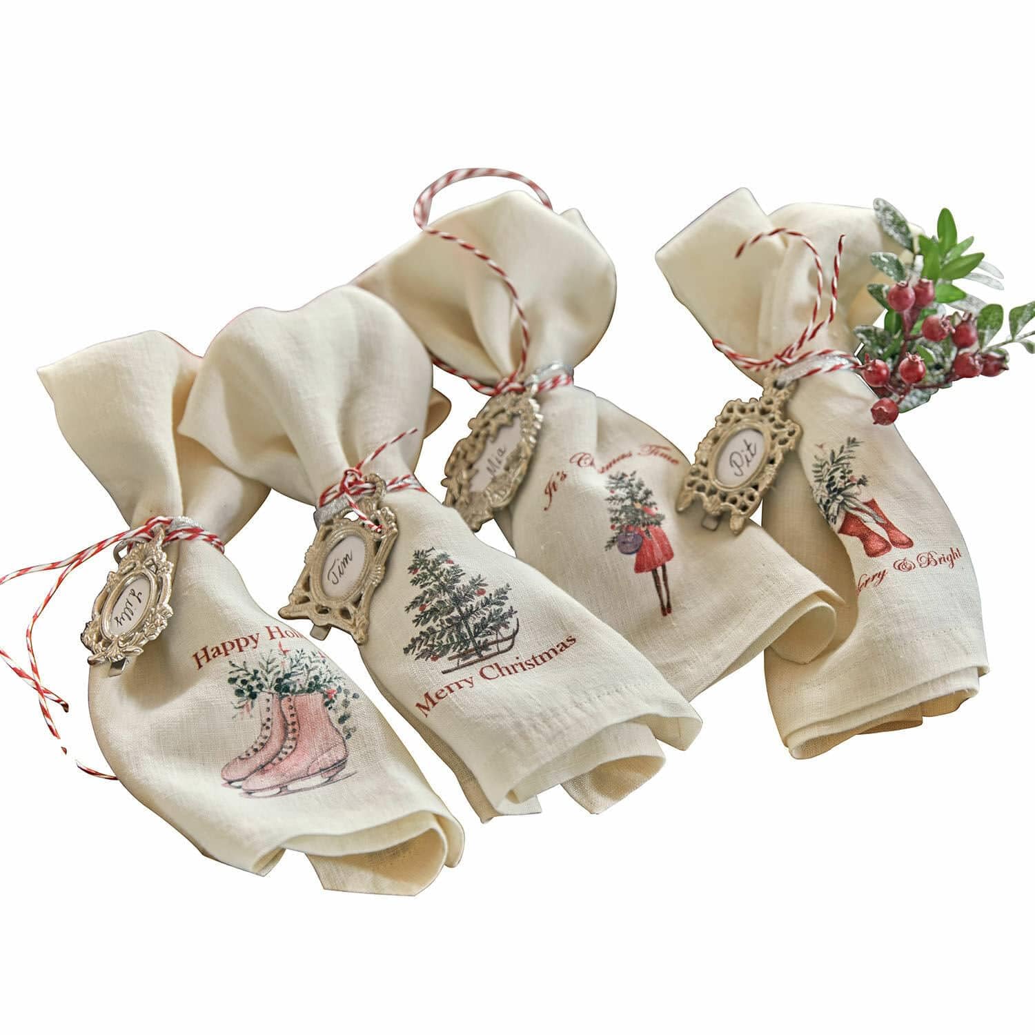 LOBERON Serviette 4er Set Merry & Bright, Dekorative Weihnachtsmotive, Festliche Tischdekoration, Weihnachtsdeko, Weihnachtliche Textilien, Leinen, weiß/rot