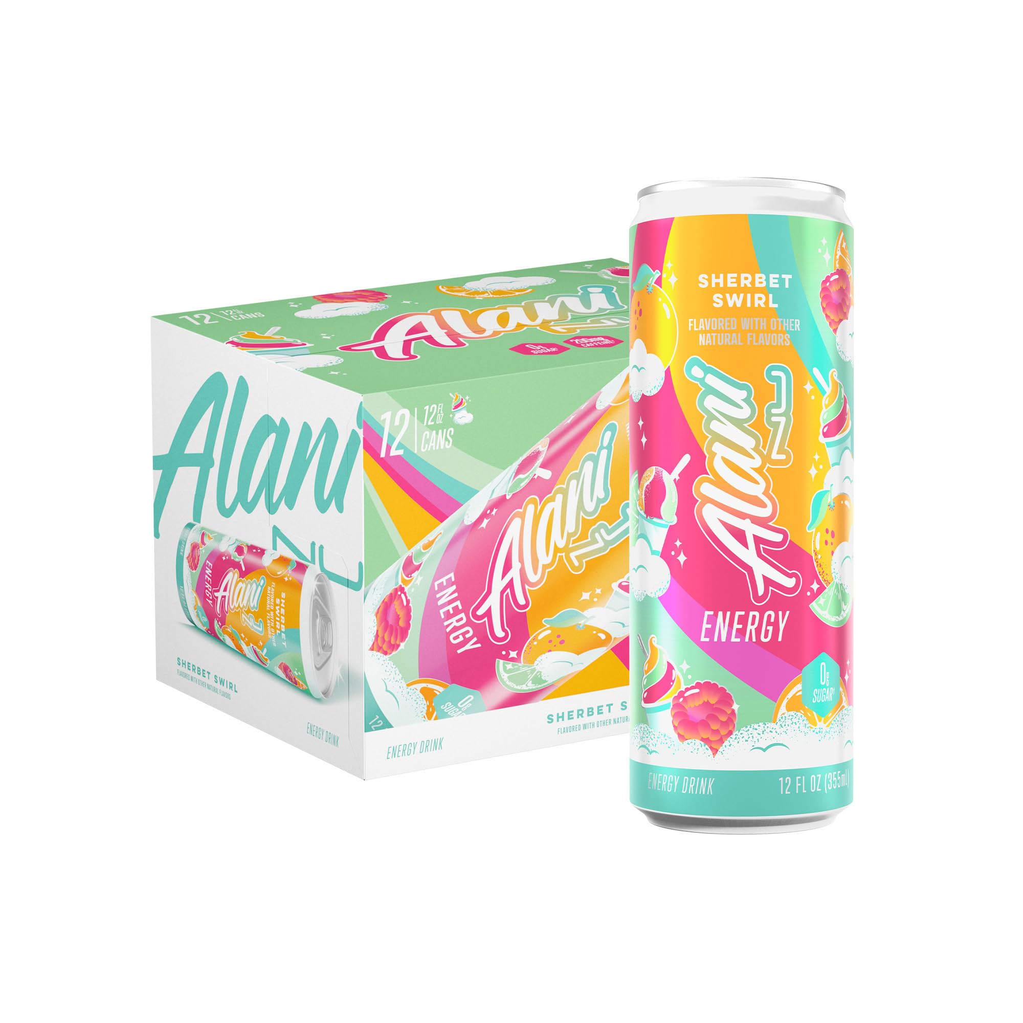 Alani Nu SHERBET SWIRL Sugar Free, Low Calorie Energy Drinks, 200mg Caffeine, Biotin B Vitamins, Zero Sugar, 10 Calories, 12 Fl Oz Cans, 12 Pack