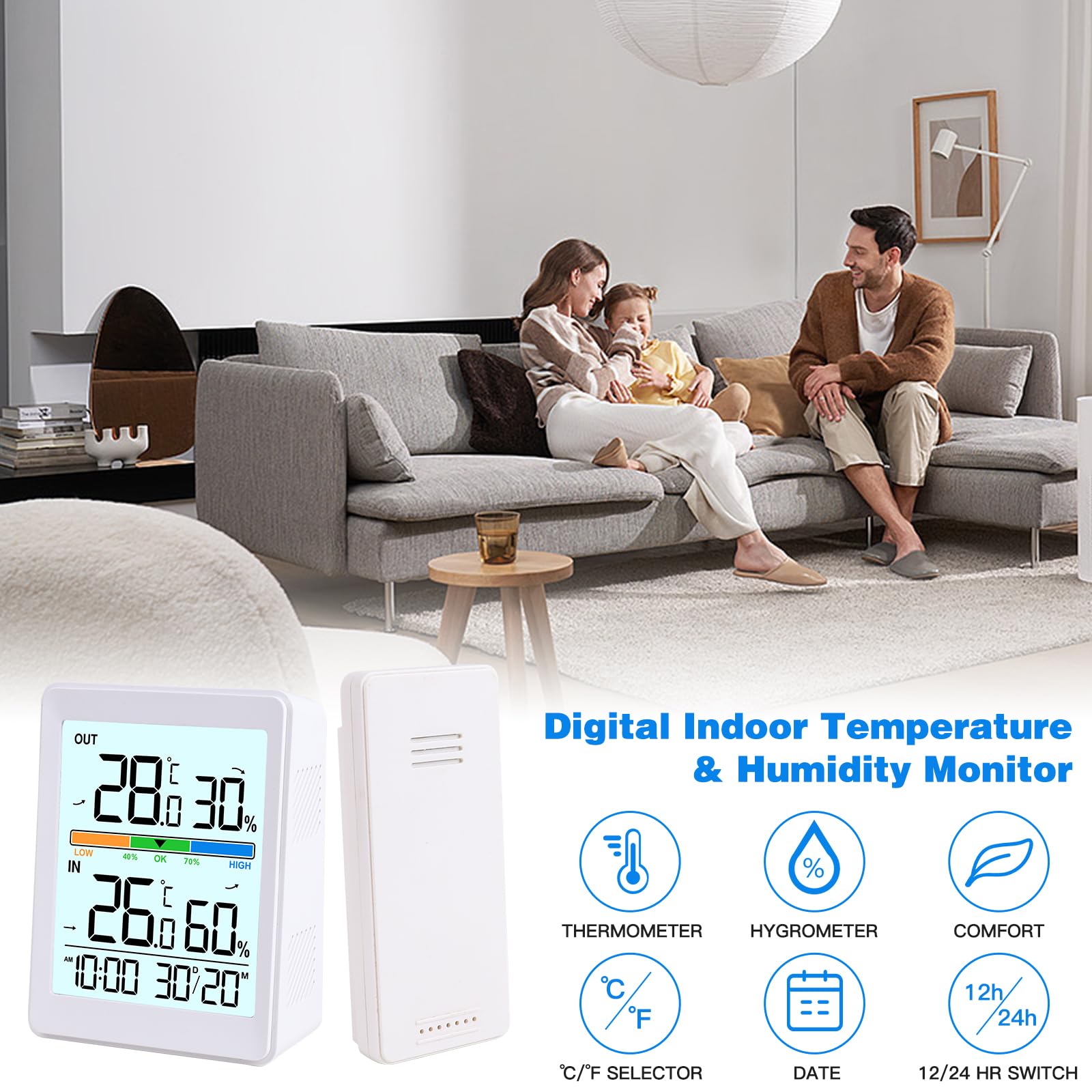 Thermomètre Intérieur Extérieur Sans Fil avec Humidité, Horloge, Date, Rétroéclairage Intelligent, °C/°F Commutable