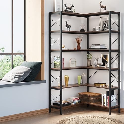 Miniatura 8 de GLAUBIO Estantería esquinera de 6 estantes, estante de esquina industrial vintage, estantería Etagere, estante de esquina con marco de metal para