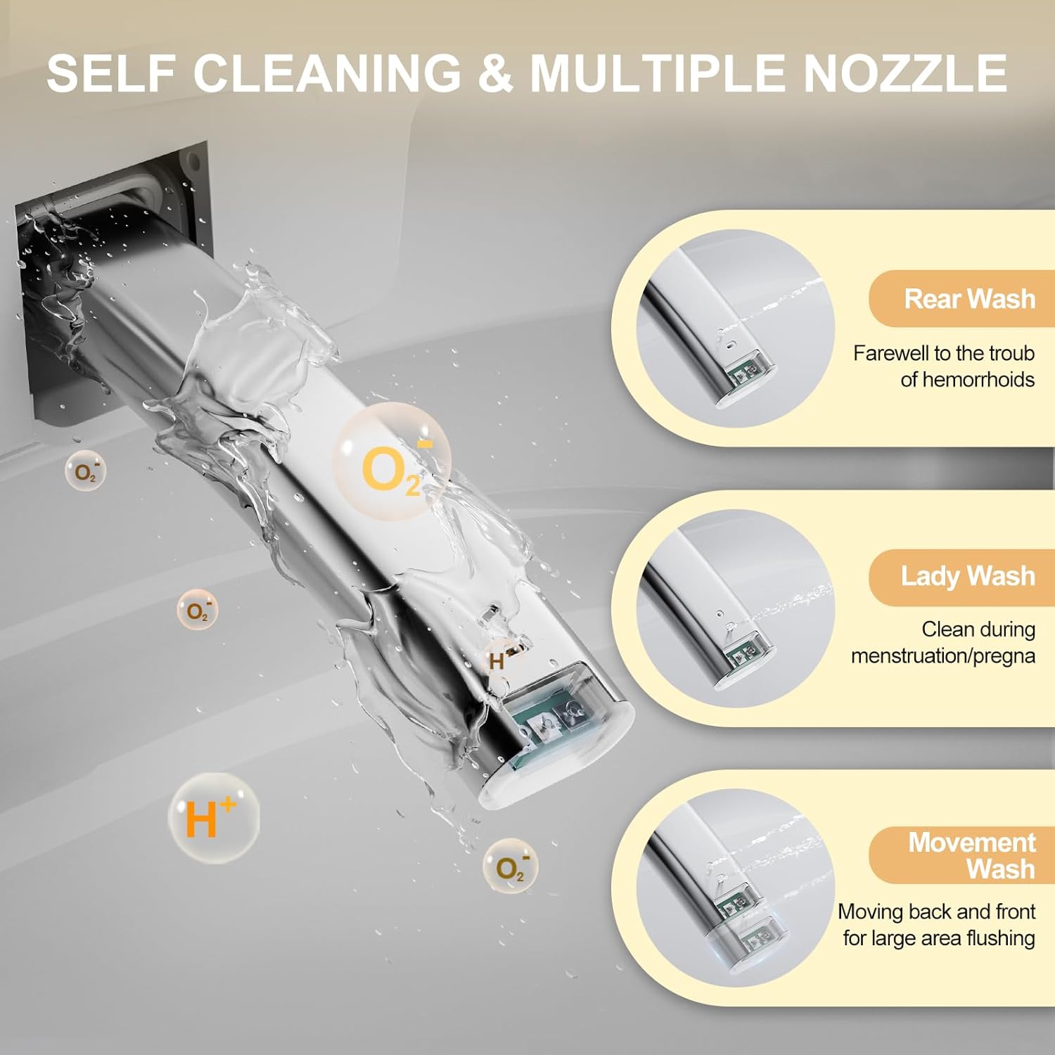 Diagram showing the self-cleaning and multiple nozzle functions for Rear Wash, Lady Wash, and Movement Wash.
