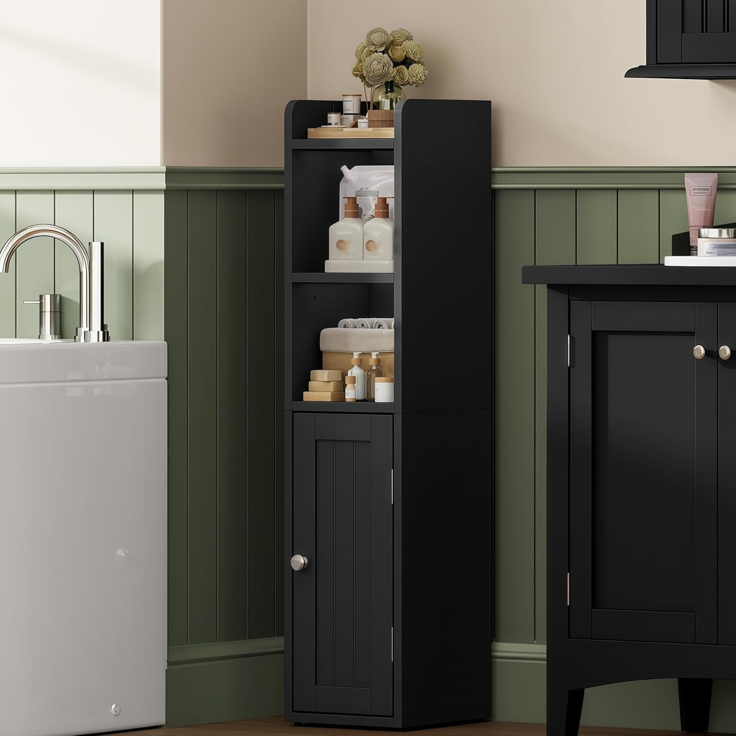 ChooChoo Small Bathroom Storage Cabinet, 7.1“W * 7.9”D Corner Floor Cabinet with Door and Adjustable Shelf, Narrow Toilet Paper Cabinets, Slim Bathroom Organizers for Small Spaces and Bathroom, Black