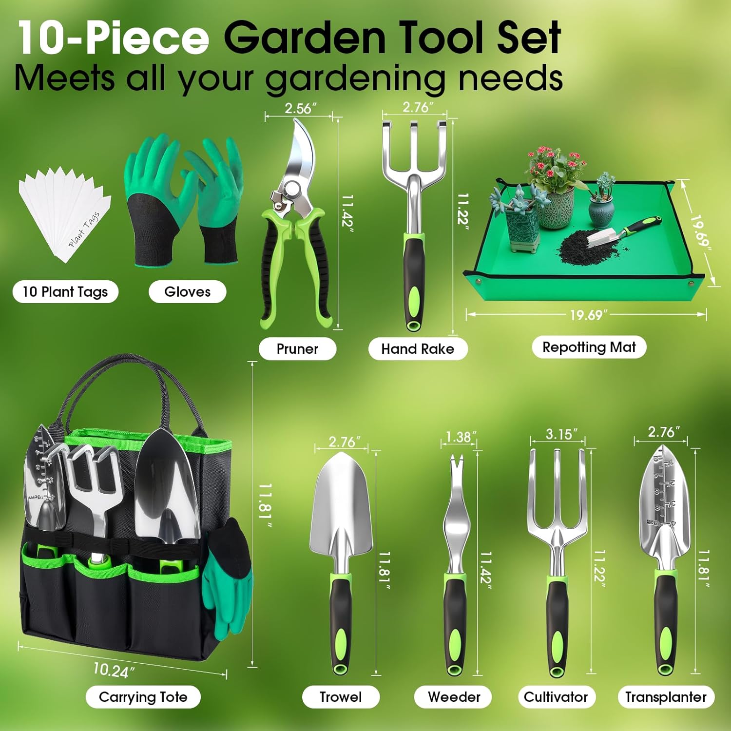 WOWBOX Garden Tools Set - 10 PCS, Heavy Duty Gardening Hand Tools Kit with Storage Tote, Rust-Resistant Gardening Supplies for Planting with Non-Slip Ergonomic Handle for Women and Men (Green)