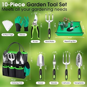 WOWBOX Garden Tools Set - 10 PCS, Heavy Duty Gardening Hand Tools Kit with Storage Tote, Rust-Resistant Gardening Supplies for Planting with Non-Slip Ergonomic Handle for Women and Men (Green)