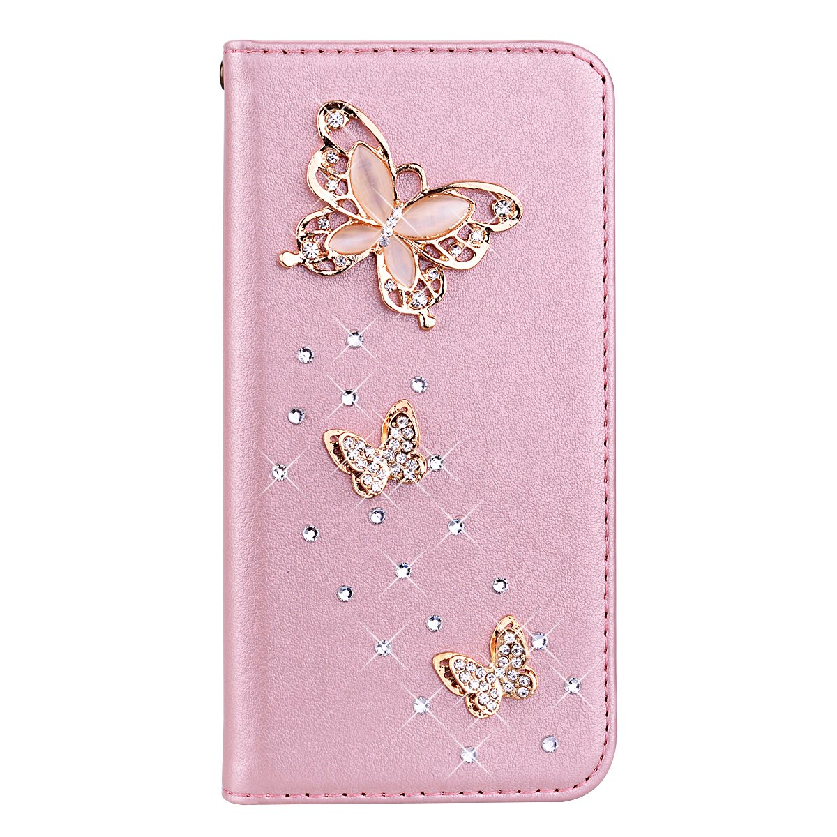 Glitter Wallet Case for Tecno Spark Go 5G 2025, Rose Gold PU Leather Solid Color Flip for Tecno Spark Go 5G 2025 Bling Rhinestone Womens Sparkly Butterflies Folio with Stand Wallet Cover