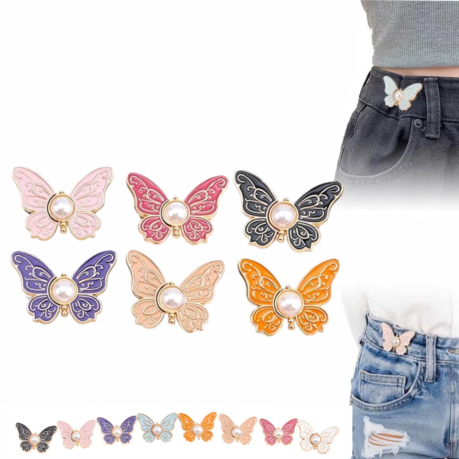 OFY ONLY FOR YOU Pearl Butterfly Waist Buckle, Detachable Butterfly Clips, Women's 6Pcs Butterfly Waist Tighteners