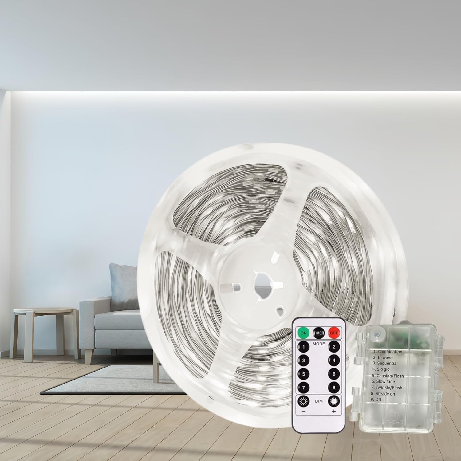 Gaoxun Battery LED Strip Lights 3m, 90 LEDs Battery Powered Lights Strip with Remote Control, Dimmable, 8 Modes, Timer, Self-Adhesive, Cuttable, Waterproof for Mirror Kitchen Decor (Cool White 6000K)