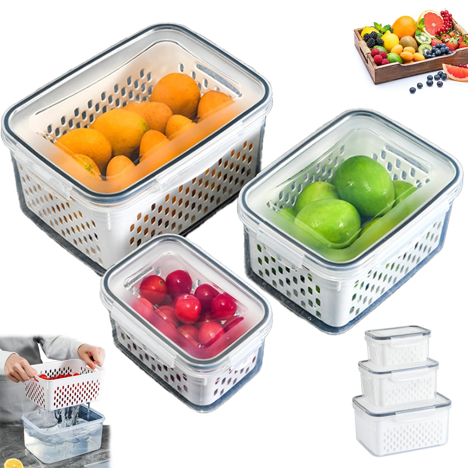 3pcs Fruit Fridge Storage Containers,fruit Containers for Fridge,fruit Storage Containers for Fridge with Lid and Removable Colander,fruit Storage Containers for Fridge with Dividers Fresh Food