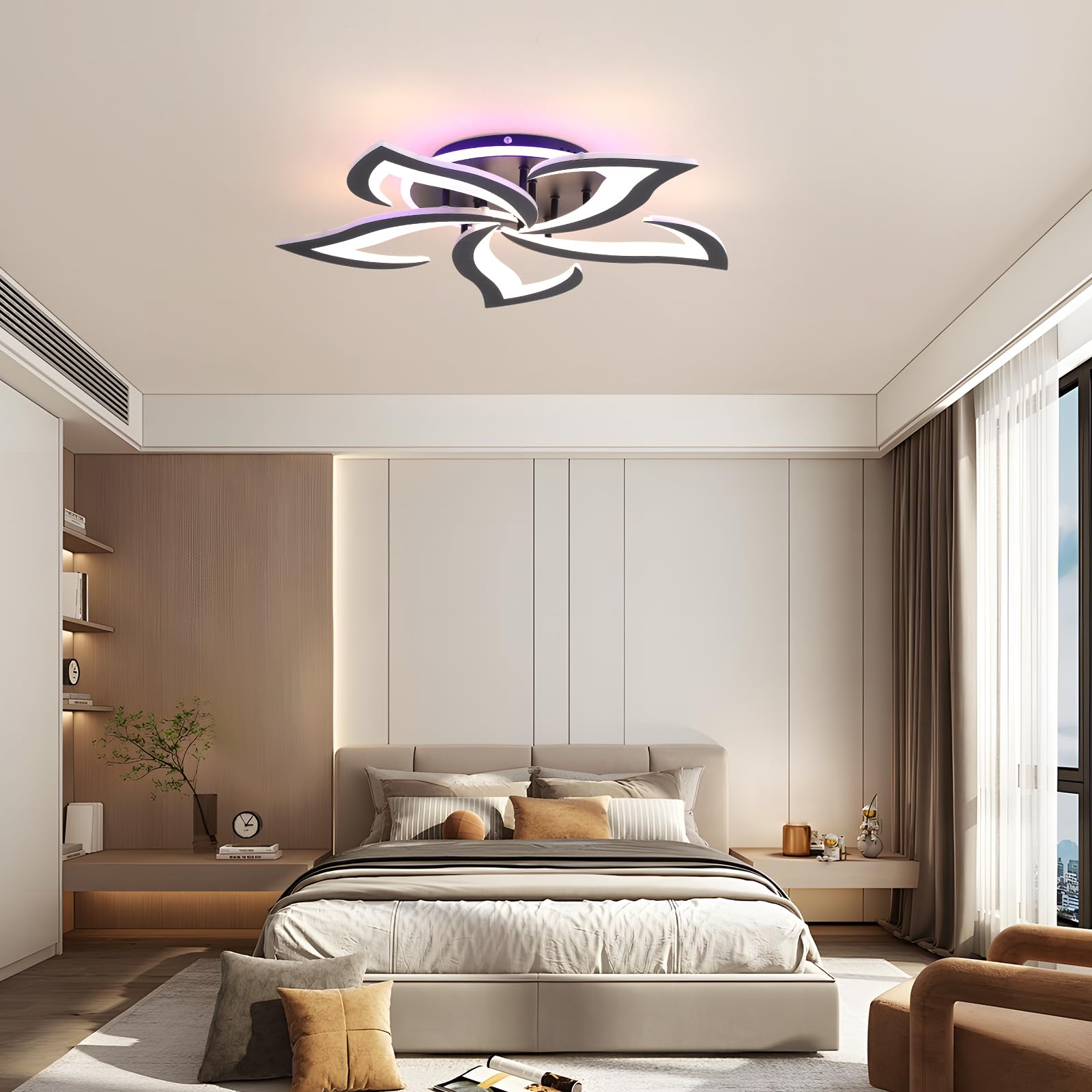 Plafoniera LED Soffitto 5 Petali Fiore Moderna Dimmerabile Nero | Plafoniera moderna da soffitto con telecomando, luce regolabile 3000-6000K per soggiorno, camera, cucina e corridoio