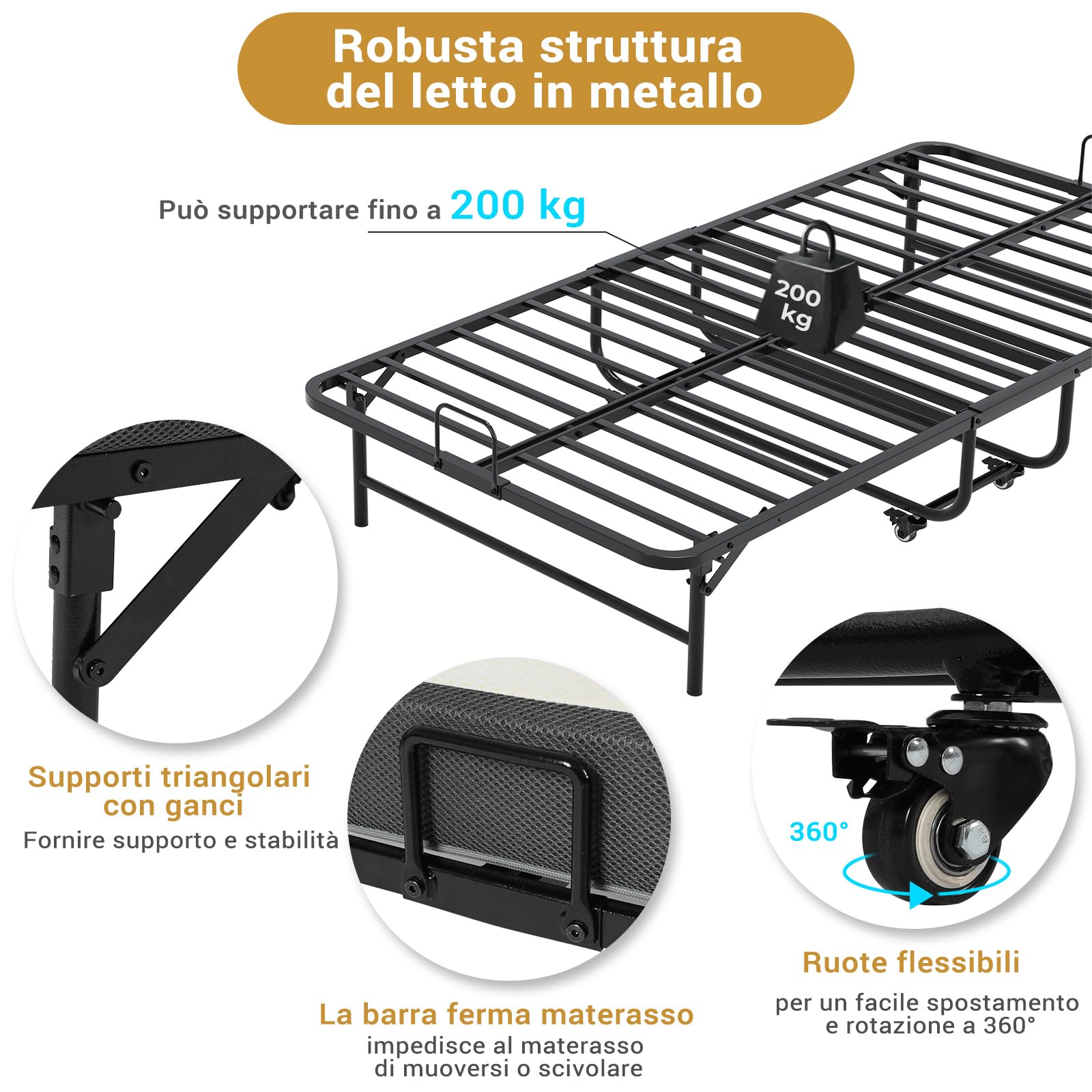 Brinlawb Brandina Pieghevole con Materasso Spesso 10 cm, 90 x 200 cm Letto Pieghevole Singolo con Materasso Letto per Ospiti con Struttura in Robusta Metallo e 4 Ruote Letto a Scomparsa, Fino a 200 kg