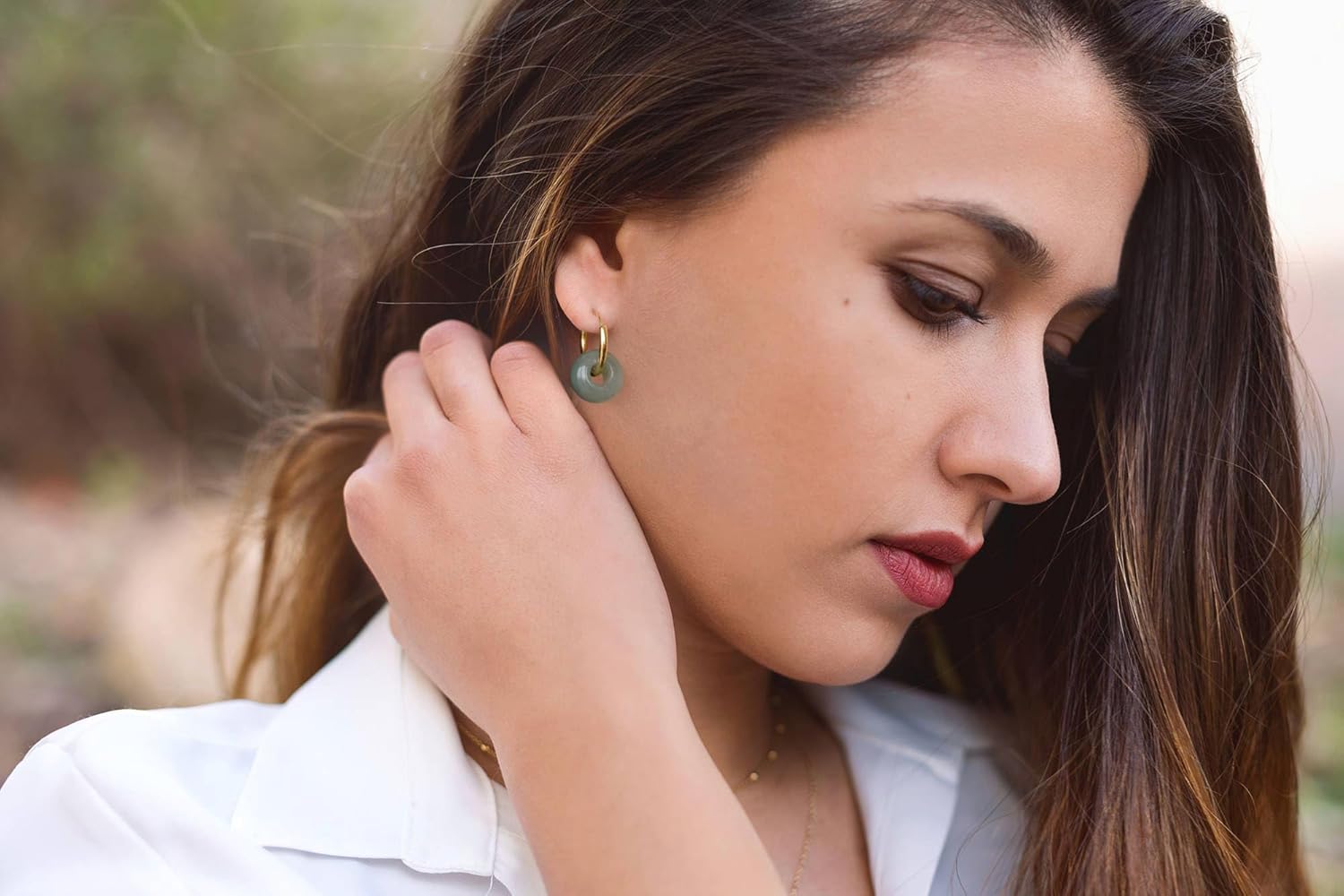 Rose Quartz Earrings, Natural Gemstone Donut Shape Dangle Earring Rose Quartz Jewelry, Stainless Steel Gold Plated Huggie Hoop Earring for Women - Image 3