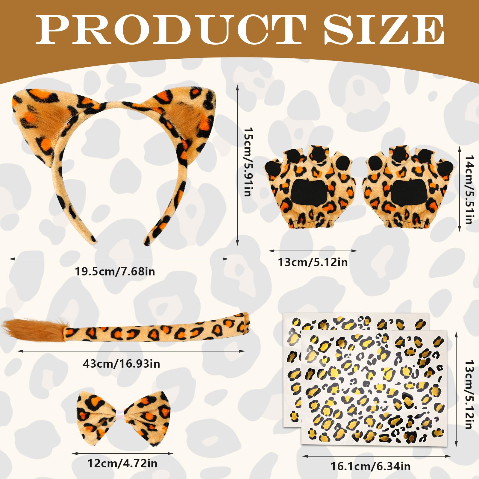 SAIIURV 6 Pezzi Set di Costumi Leopardo Leopardo Orecchie e Coda Cravatta Guanti Tatuaggio Stampa, per Feste in Maschera Cosplay Halloween Carnevale Costume Set di Costumi da Animale