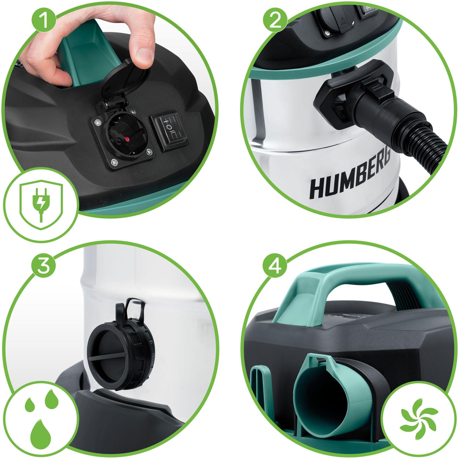 Humberg HM-402 30L 1600W Aspiradora Industrial Wet Dry Aspiradora para Cenizas y escombros Enchufe sin Bolsa para Herramientas eléctricas adicionales