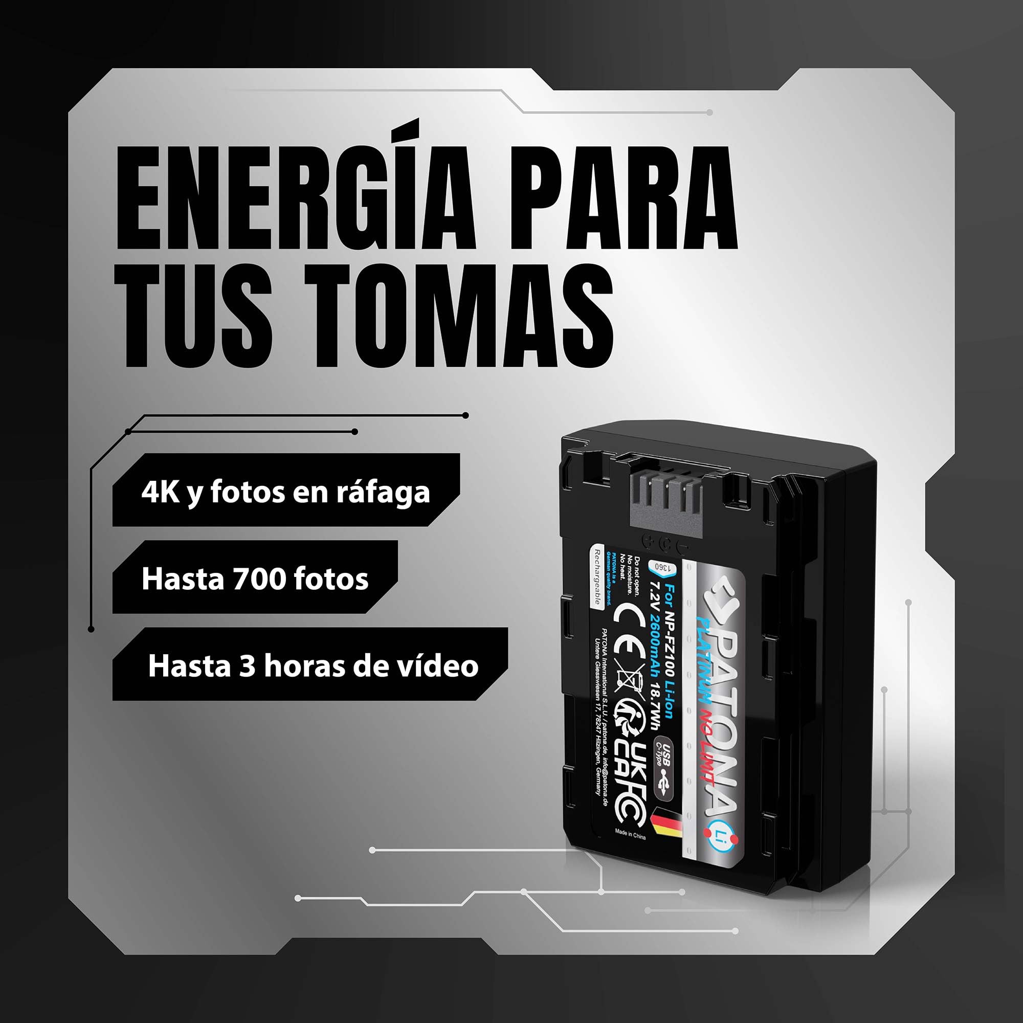 PATONA Platinum NP-FZ100 Batería 2600mAh con Entrada USB-C – Repuesto para Sony NP-FZ100 – para Alpha A1, A7 III IV, A7C, A7R III-V, A7S III, A9, A6600, ZV-E1, FX3 FX30 – Carga sin Cargador
