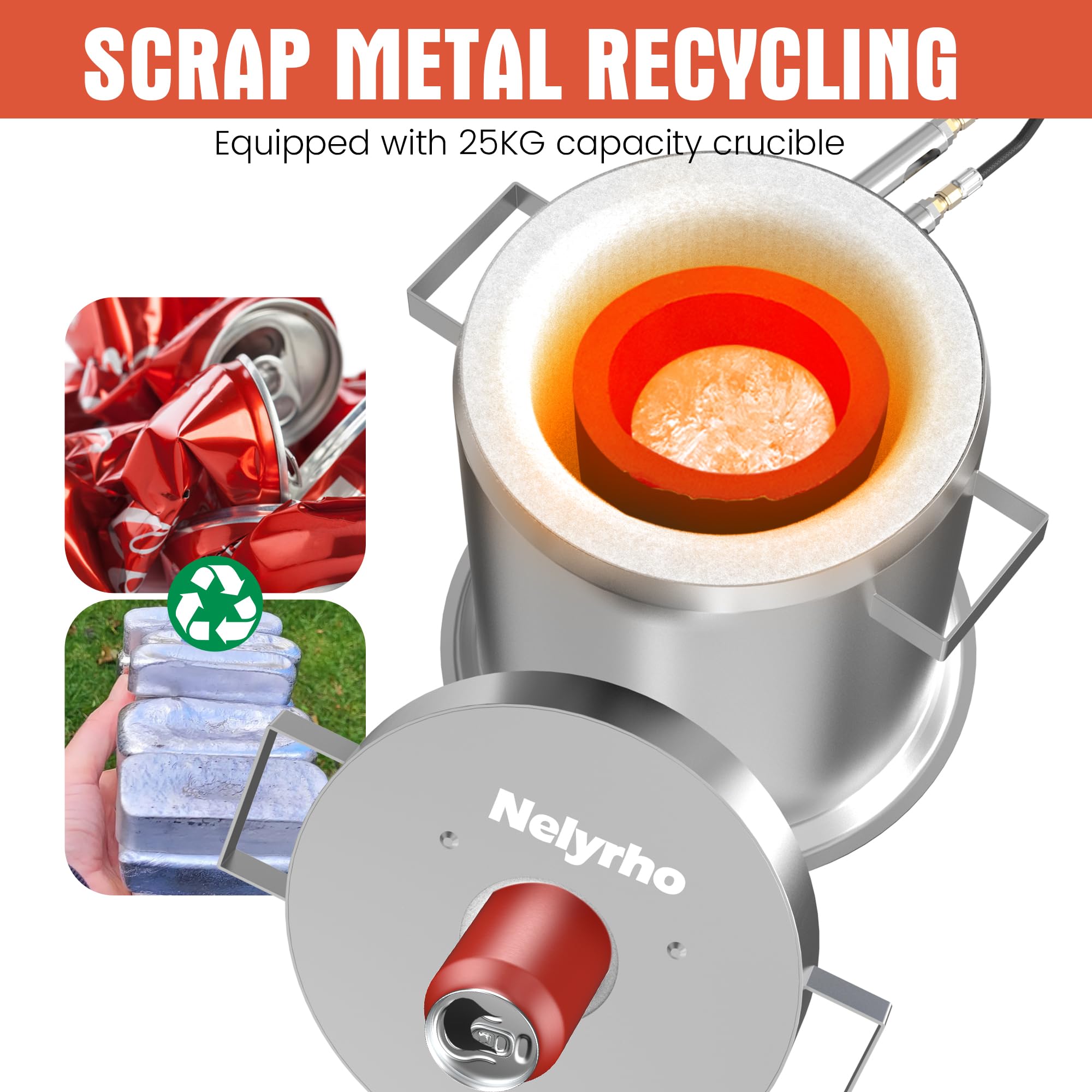 Nelyrho Kit de horno de fusión de propano de 25 kg con pinzas de elevación hechas de acero inoxidable, incluye horno de fundición de crisol para fundición de chatarra, reciclaje de metal dorado,