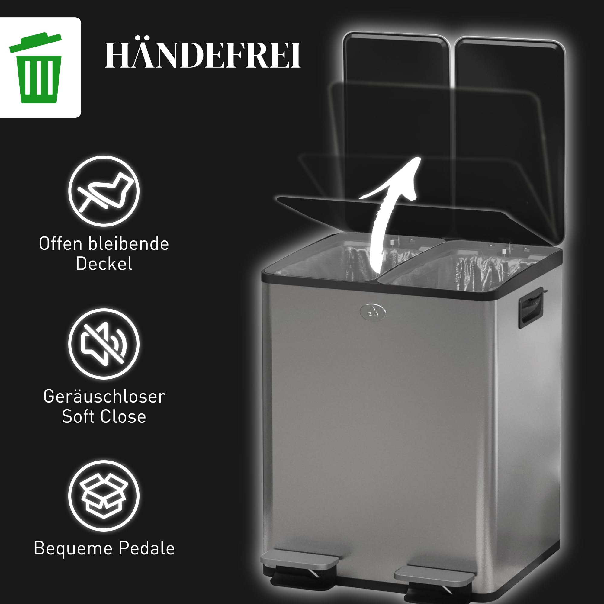 HOMCOM Mülleimer aus Edelstahl mit Softclose Deckel, 2 x 20L Silber | Abfalleimer, Mülltrennsystem, Herausnehmbare Inneneimer, Deodorant-Fächern, Treteimer für Wohnung