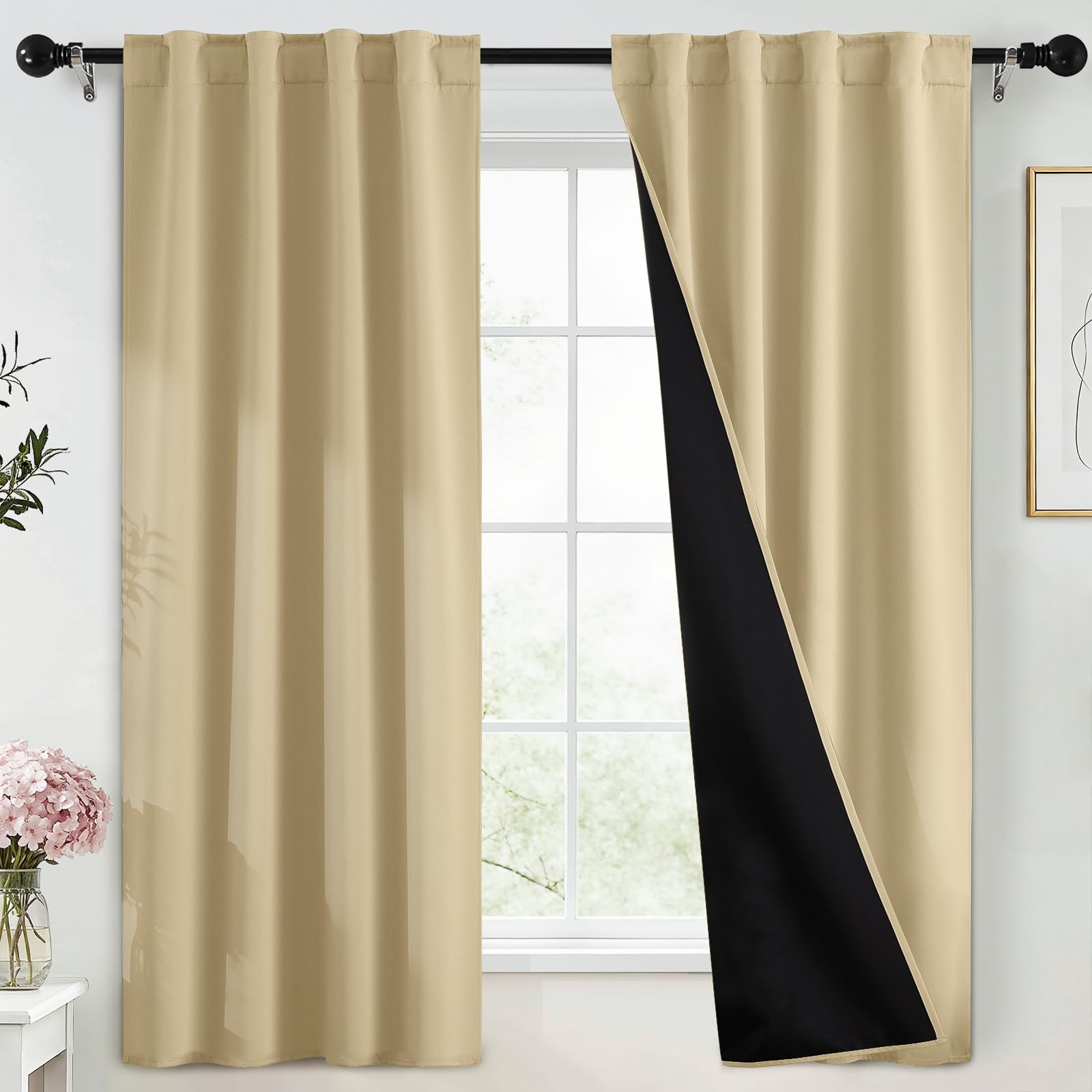 Yakamok Blackout Curtains Thermal Insulated Window Treatment Panels Room Darkening Blackout Drapes for Bedroom Back Tab/Rod Pocket Living Room Draperies, 40 x 63 Inch, Beige, 2 Panels