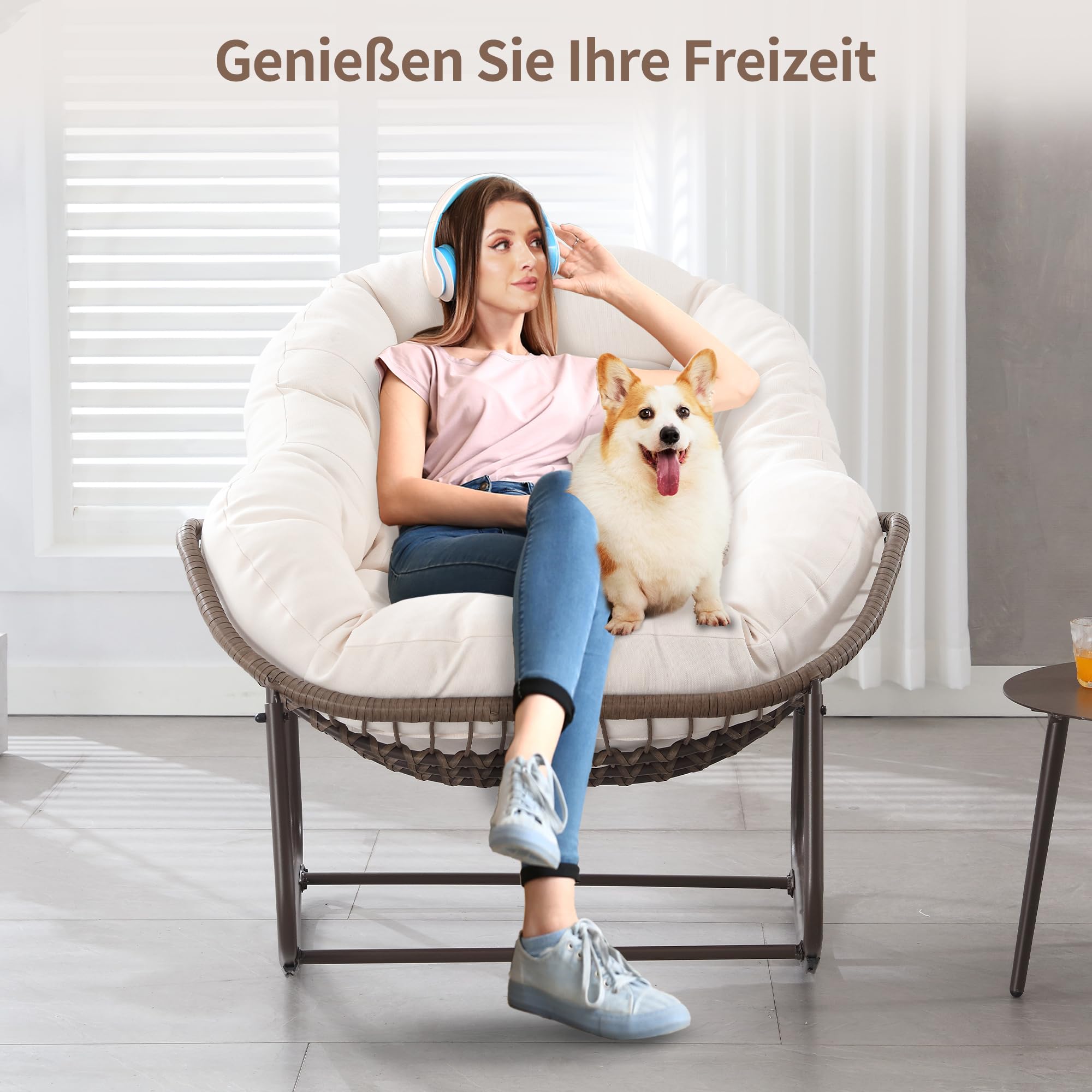 Outdoor Patio Schaukelstuhl-Set aus 2, Überdimensionierter Papasan-schaukelsessel für Innen mit Gepolstertem Kissen - Ei-Schaukelstuhl für Wohnzimmer, Veranda, Garten, Terrasse, Hinterhof