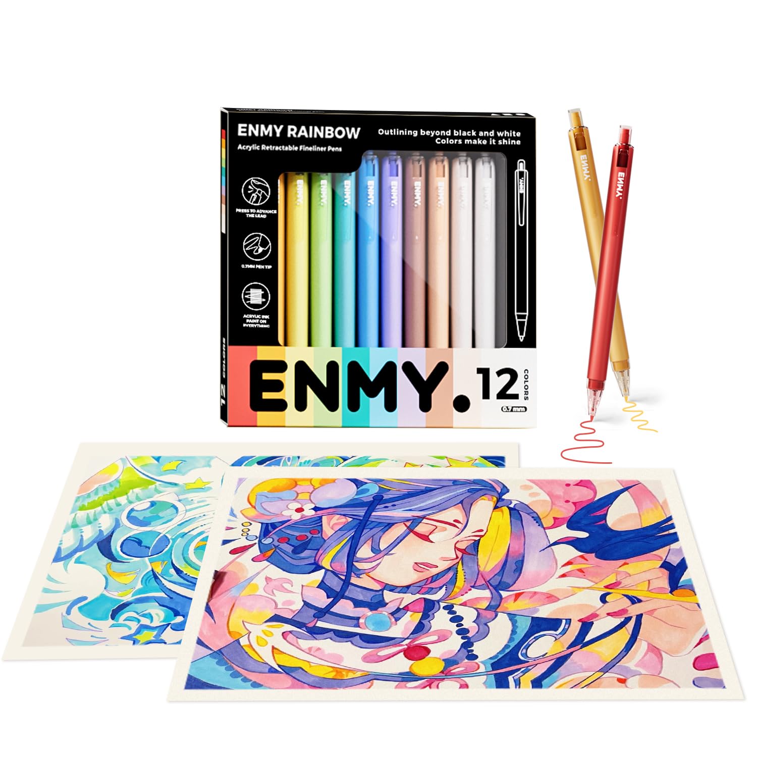 ENMY Fineliner Gel Pens, 12 Pack 0.7mm Fine Tip Retractable Colorful Gel Pens for Contouring, Drawing, and Notes, Smudge Resistant Art Pens for Adults and Artists